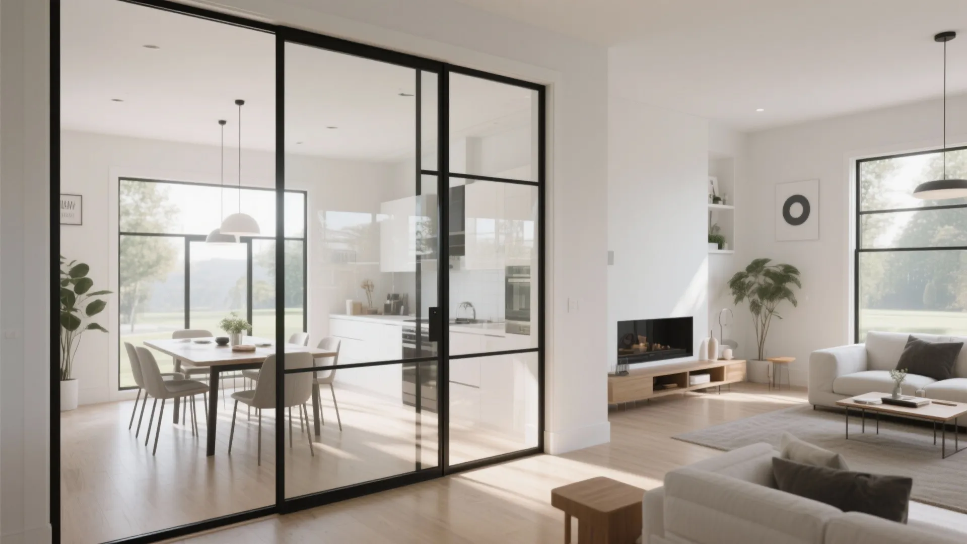 Bright dining area separated from living room by black framed glass sliding door and white walls