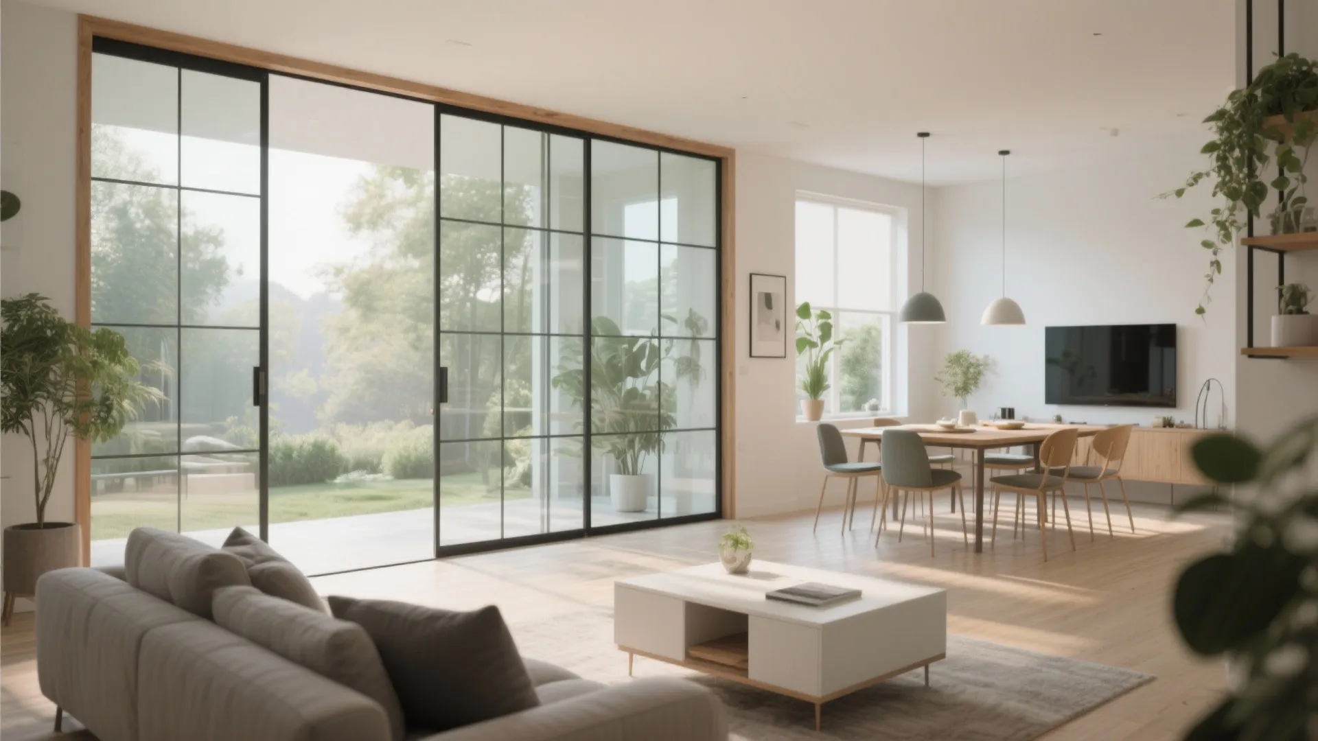 Open plan living and dining area with large glass sliding doors leading to a green garden