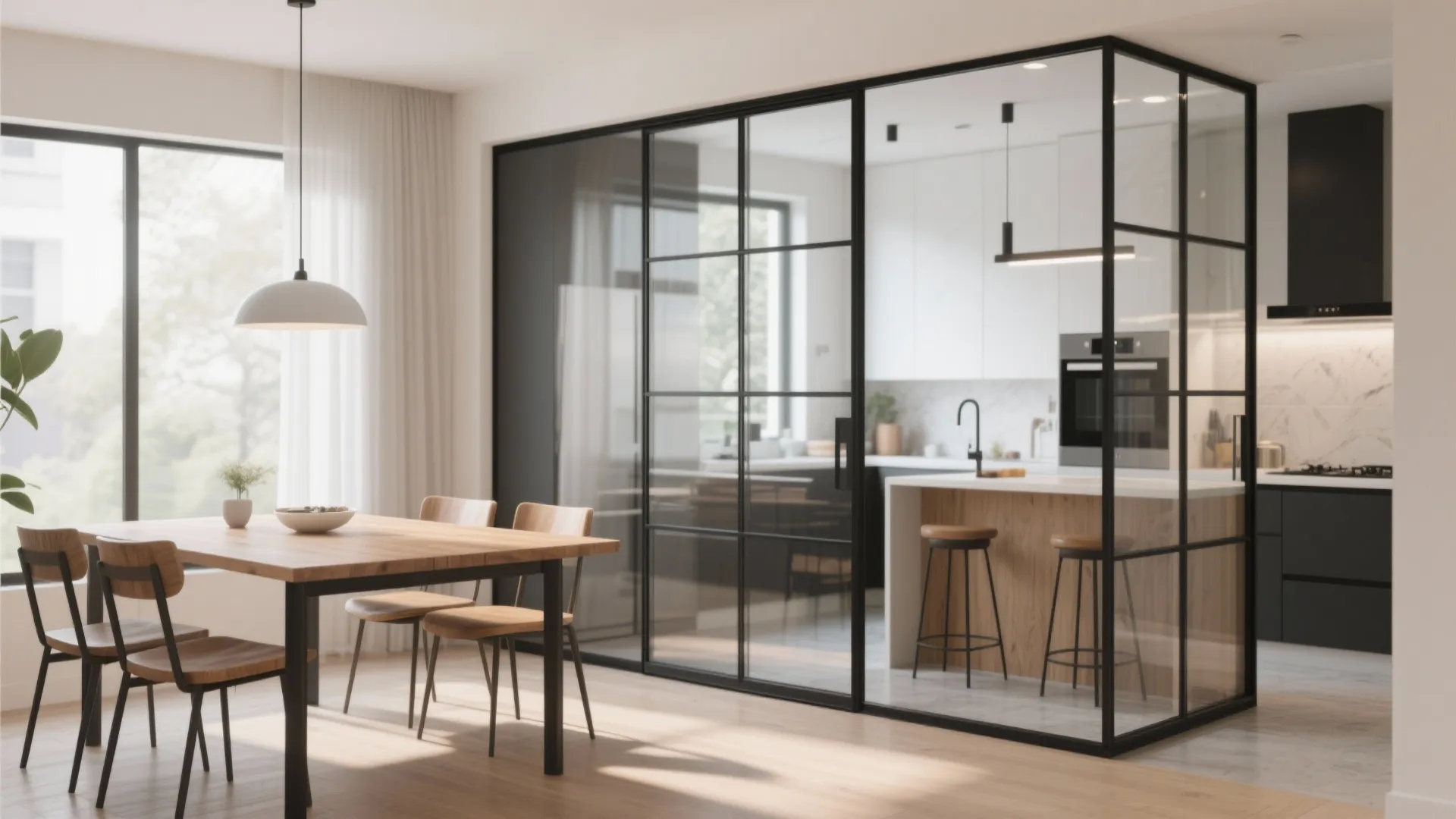 Dining room with wooden table and chairs separated from kitchen by black frame glass partition