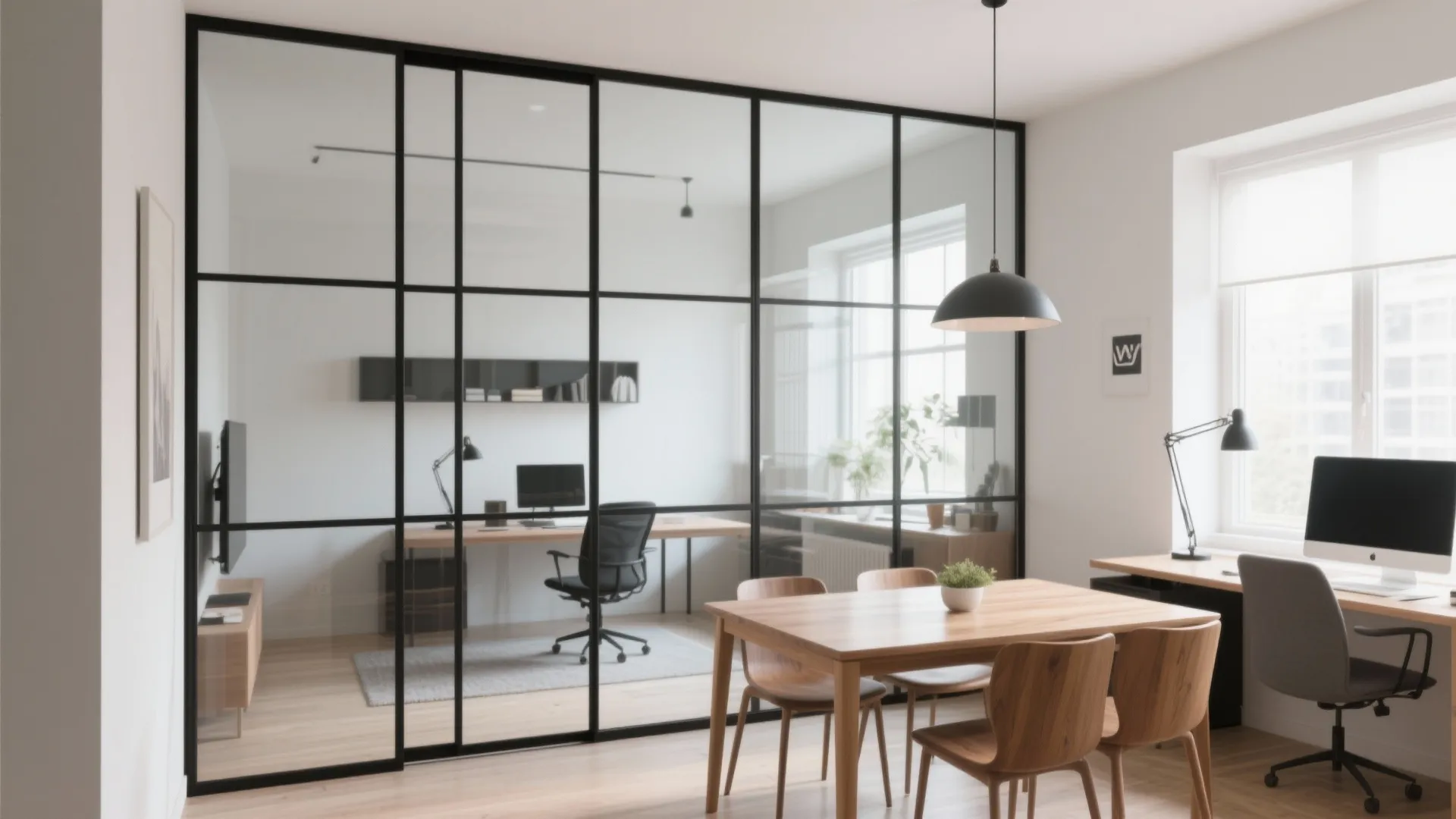Modern home office separated from dining area by a black framed glass wall and door