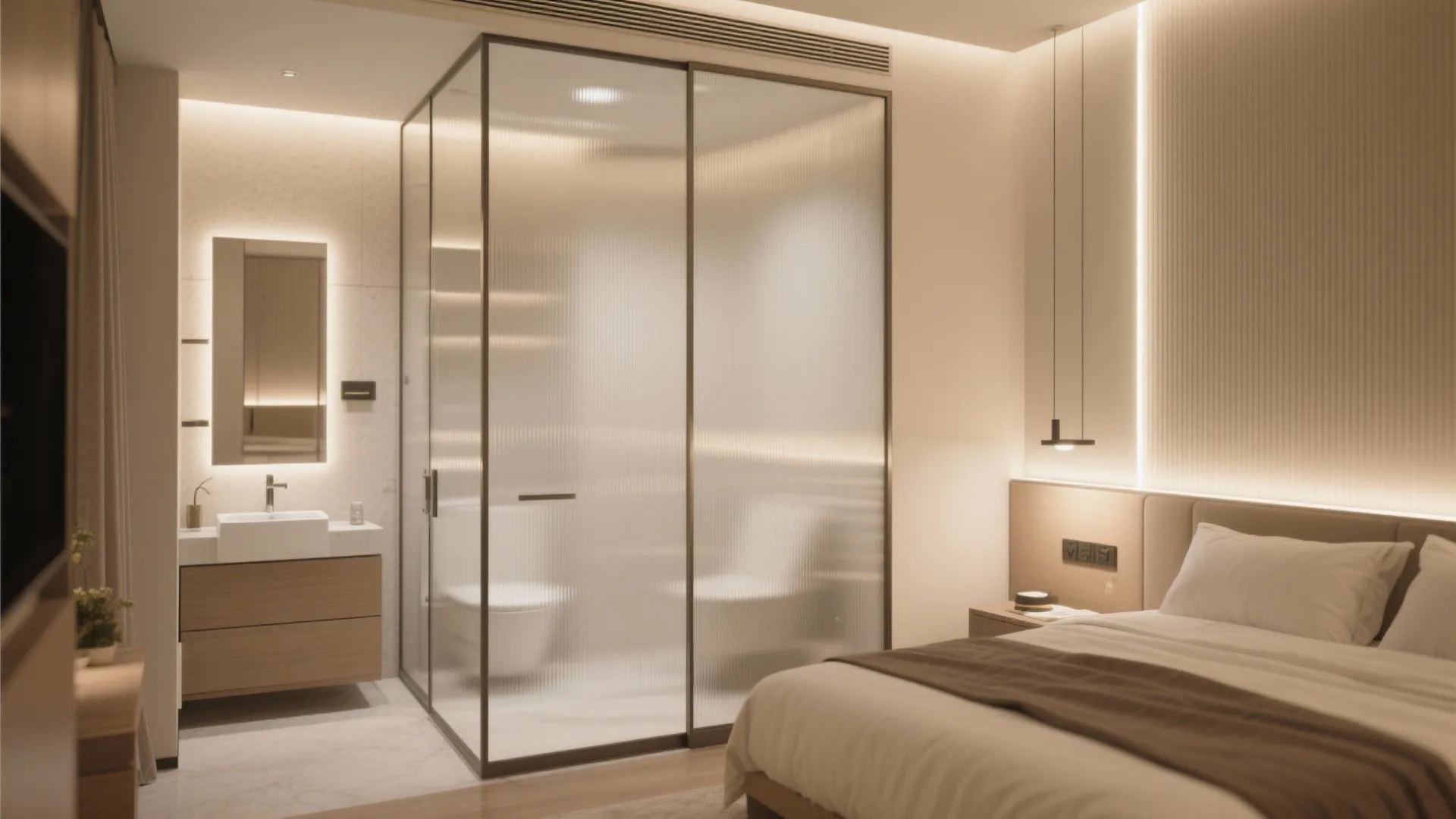 Modern bedroom including ensuite bathroom separated by frosted glass partition with sink and toilet visible