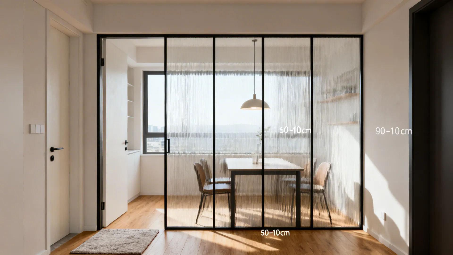 A slim black-framed reeded glass partition separating entry and dining without blocking light.