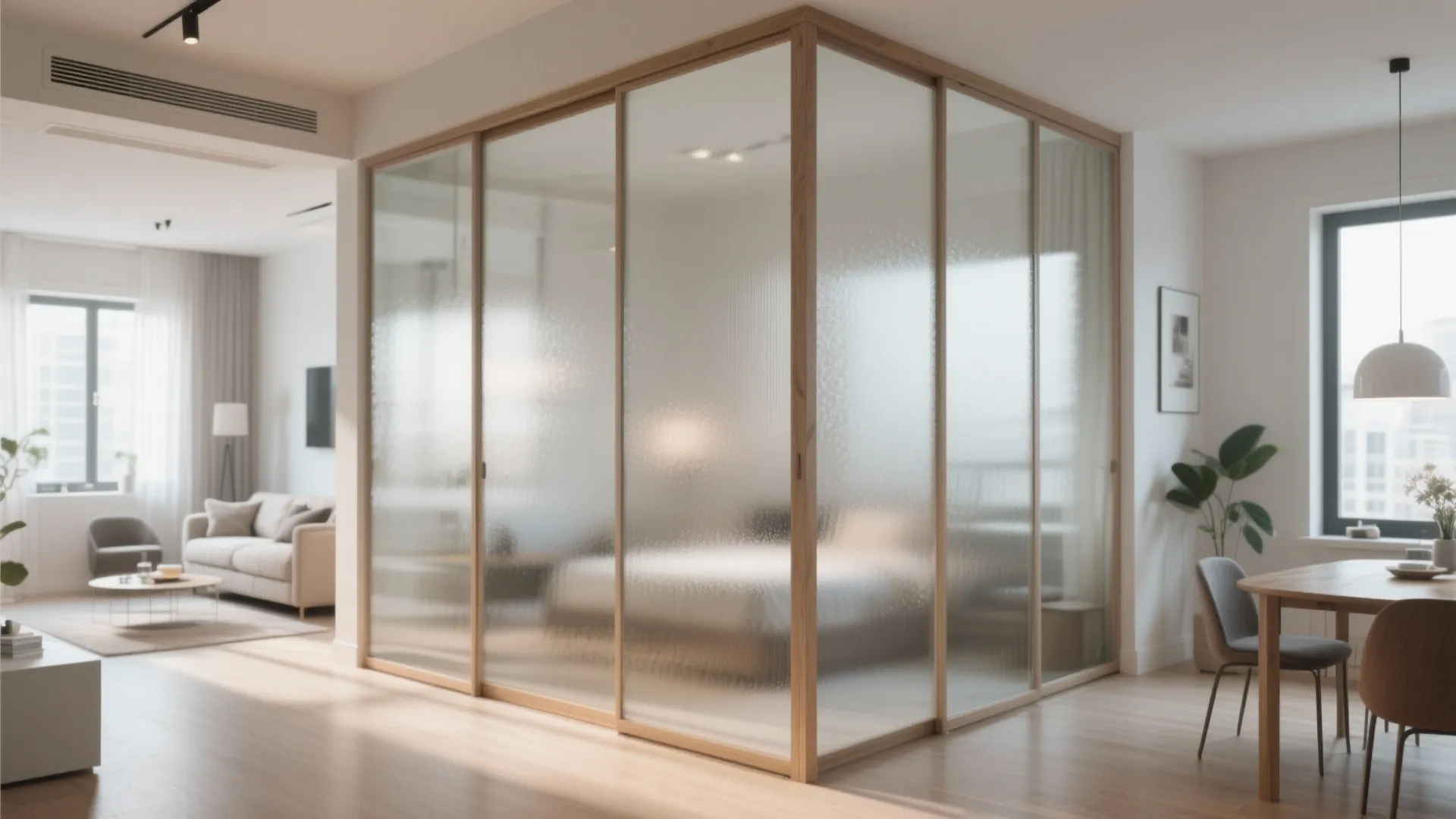 Modern apartment interior featuring a frosted glass room divider separating the bedroom from the living area