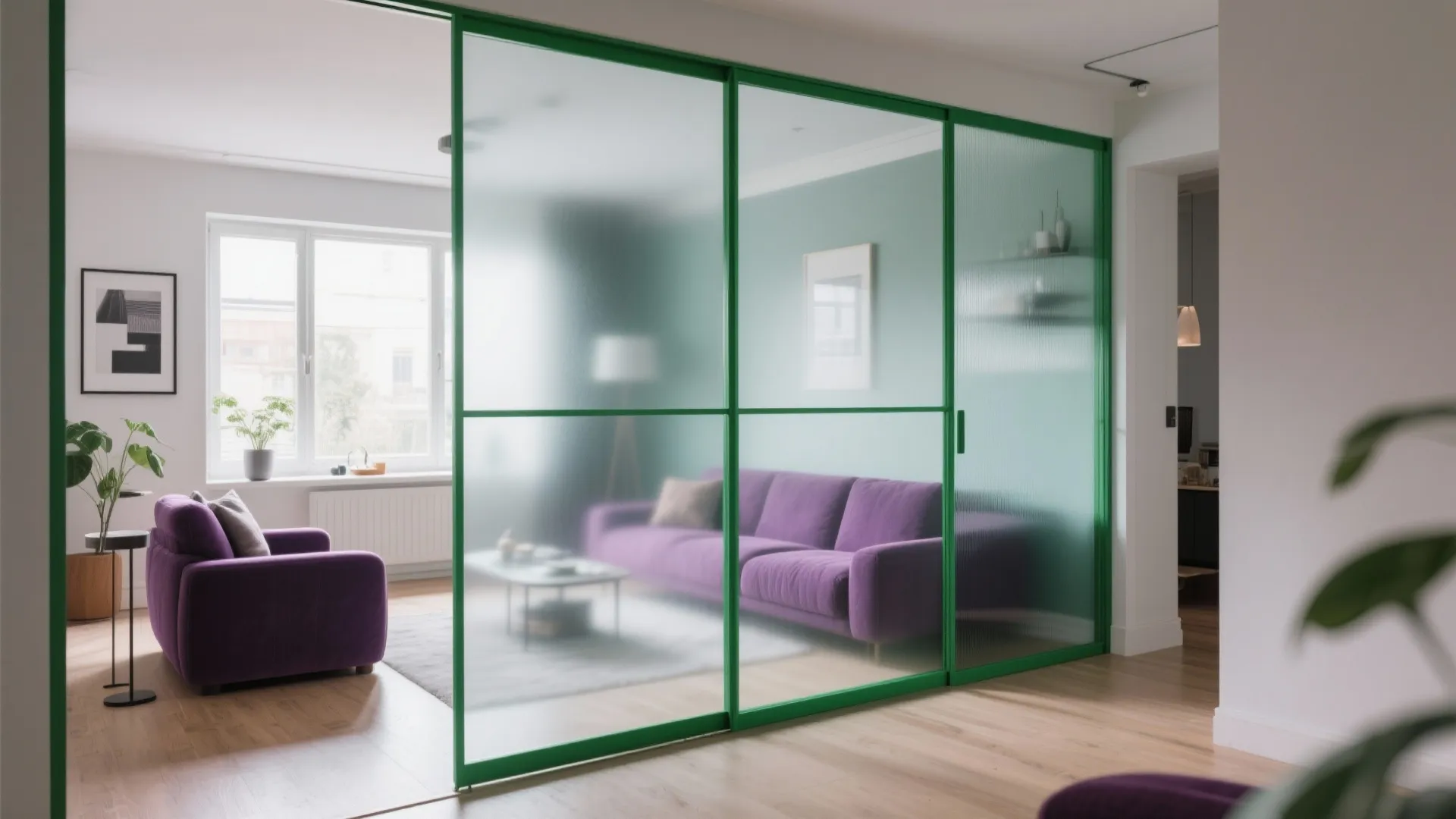 7. Glass Partition with Color-Tinted Frames
