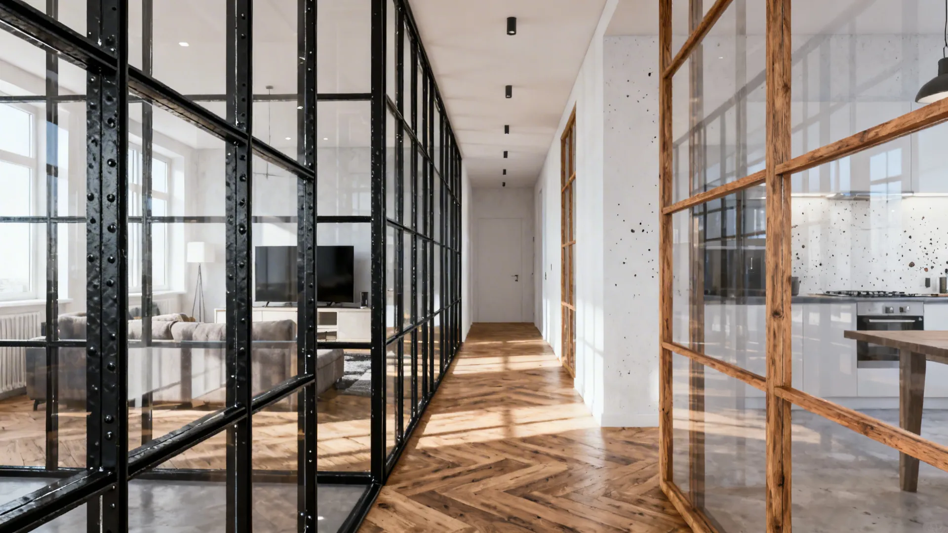 Half wall with a framed glass panel keeping visual connection while separating kitchen and living room.