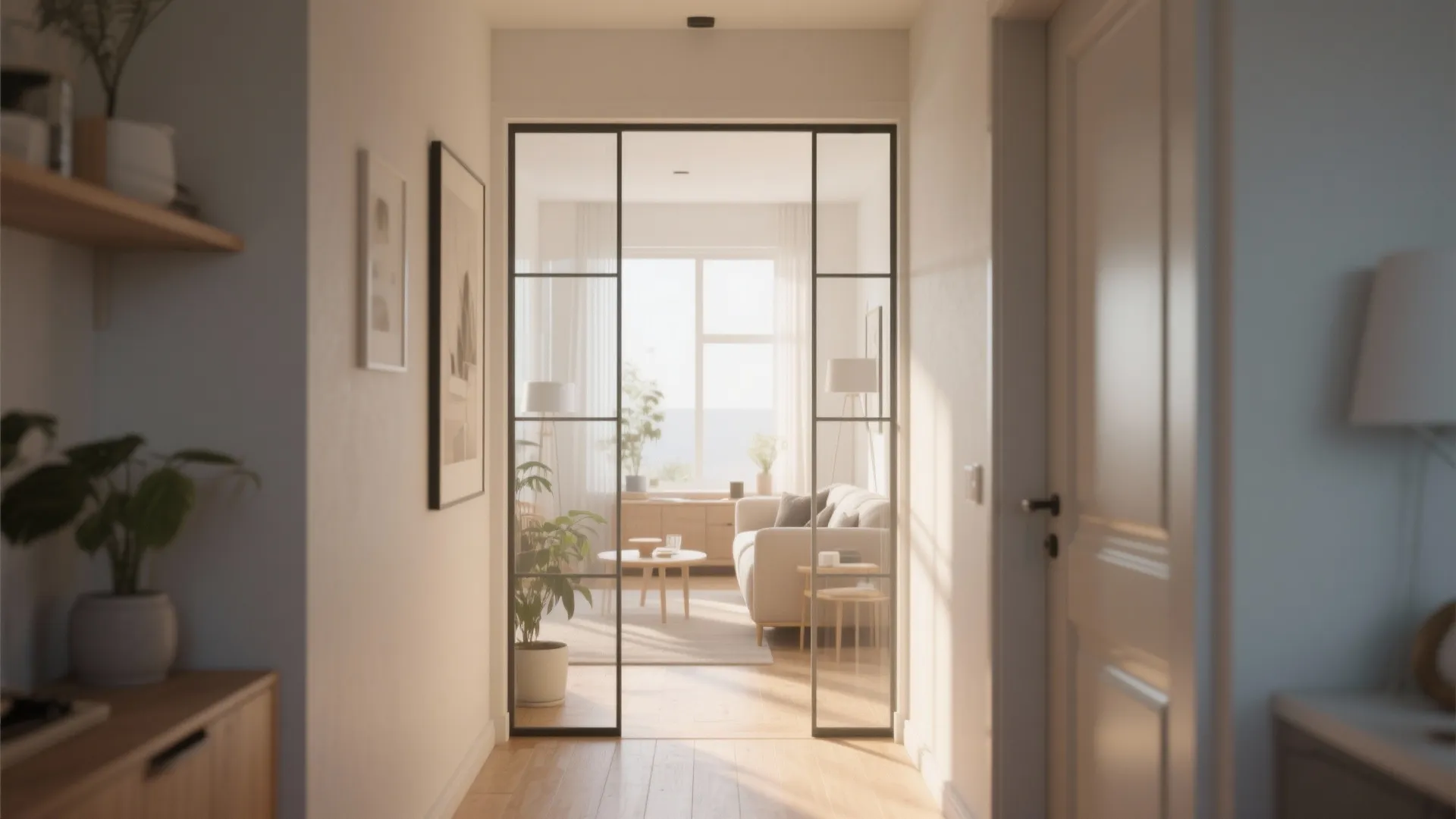 Modern hallway with black glass door leading into a bright living room with white sofa