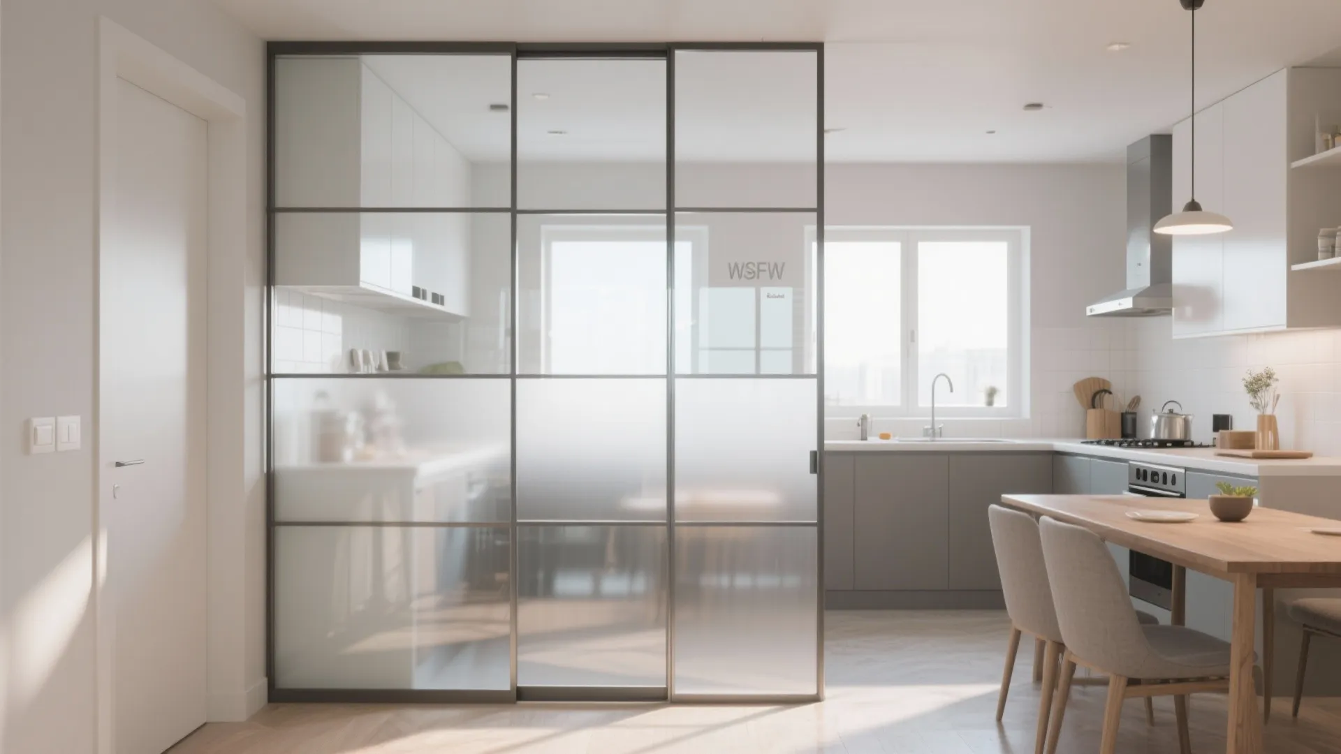 Kitchen area separated by a black metal glass sliding door with a wooden dining table
