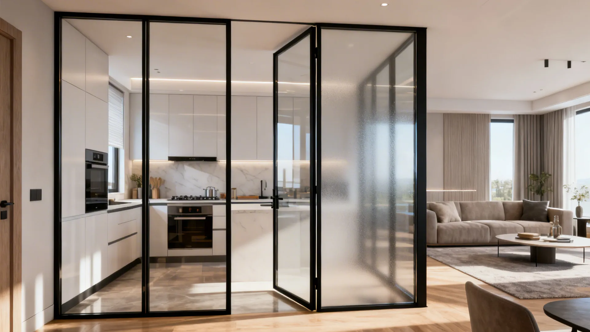 Black-framed glass partition between kitchen and living room letting light through while separating spaces