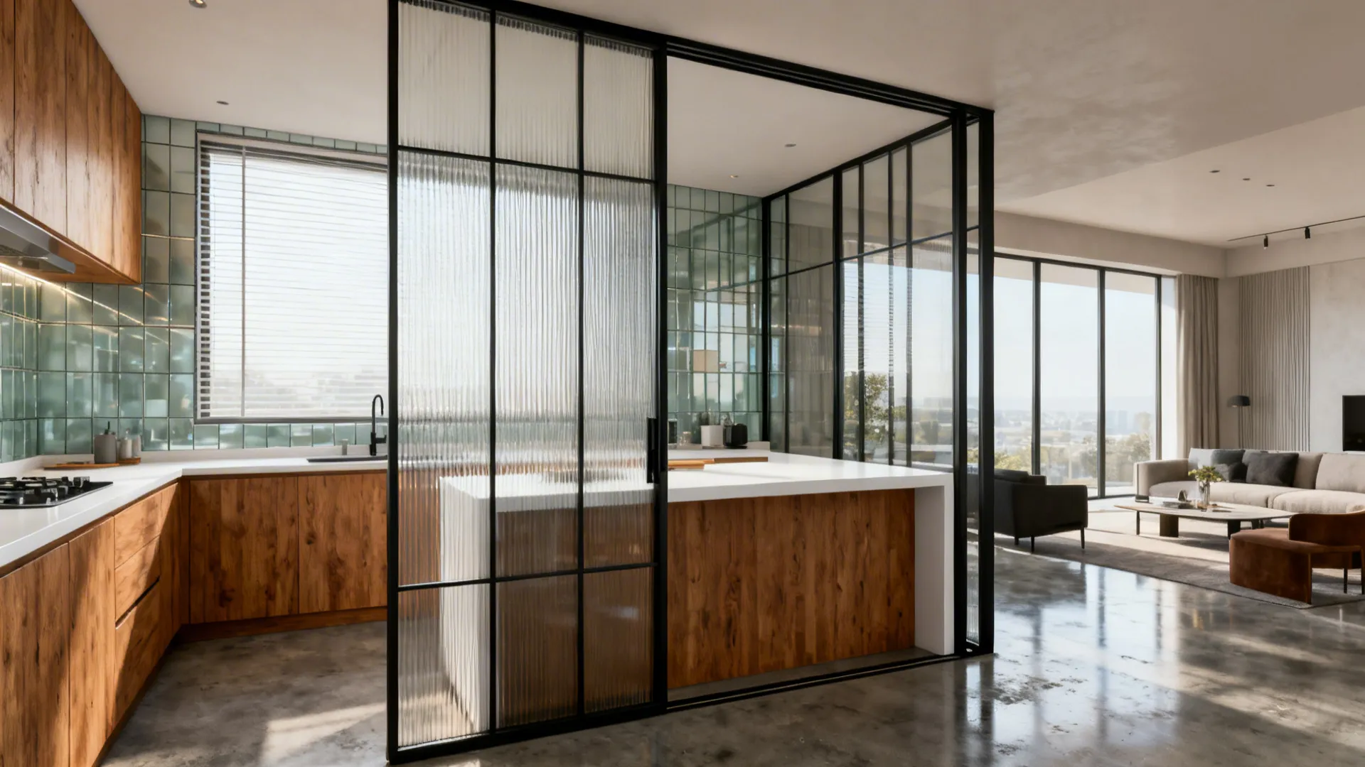Steel-framed glass partition with reeded panels separating a minimalist kitchen from the living area while preserving light.