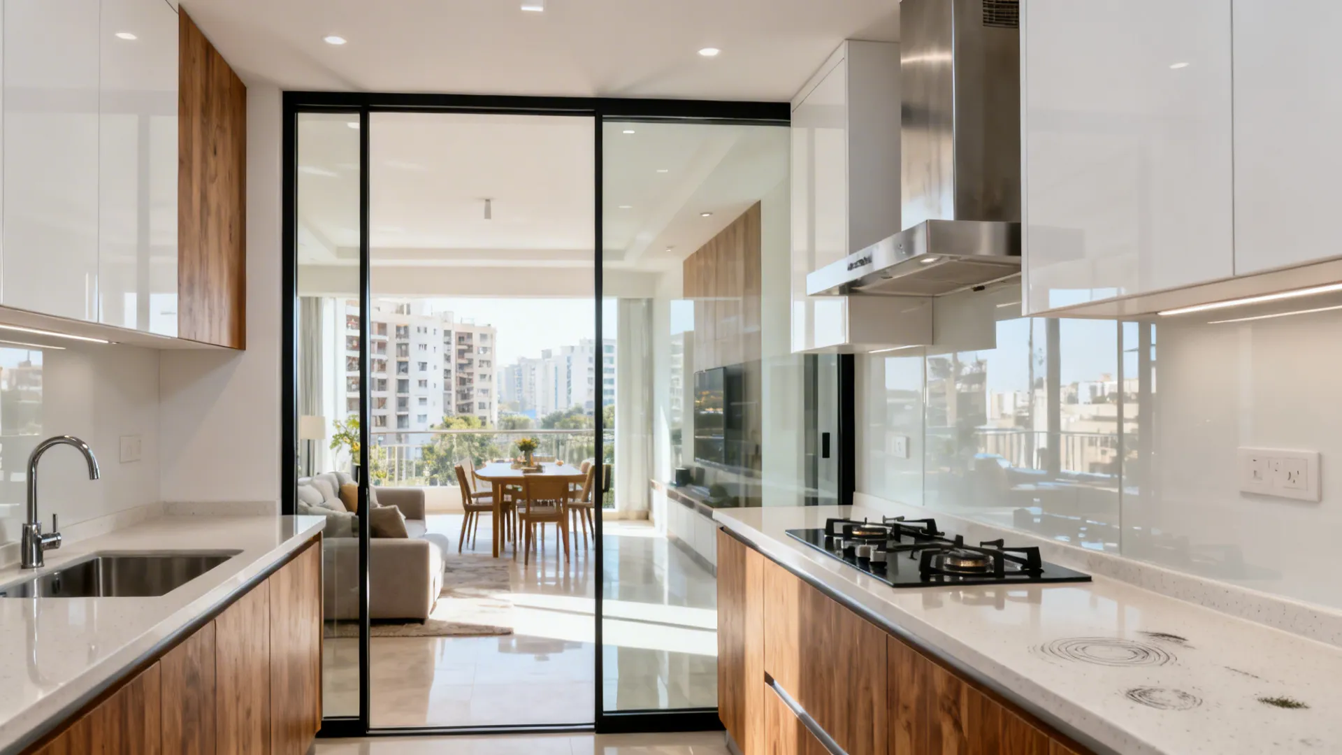 Small kitchen with a full-height glass sliding partition maintaining light and openness.