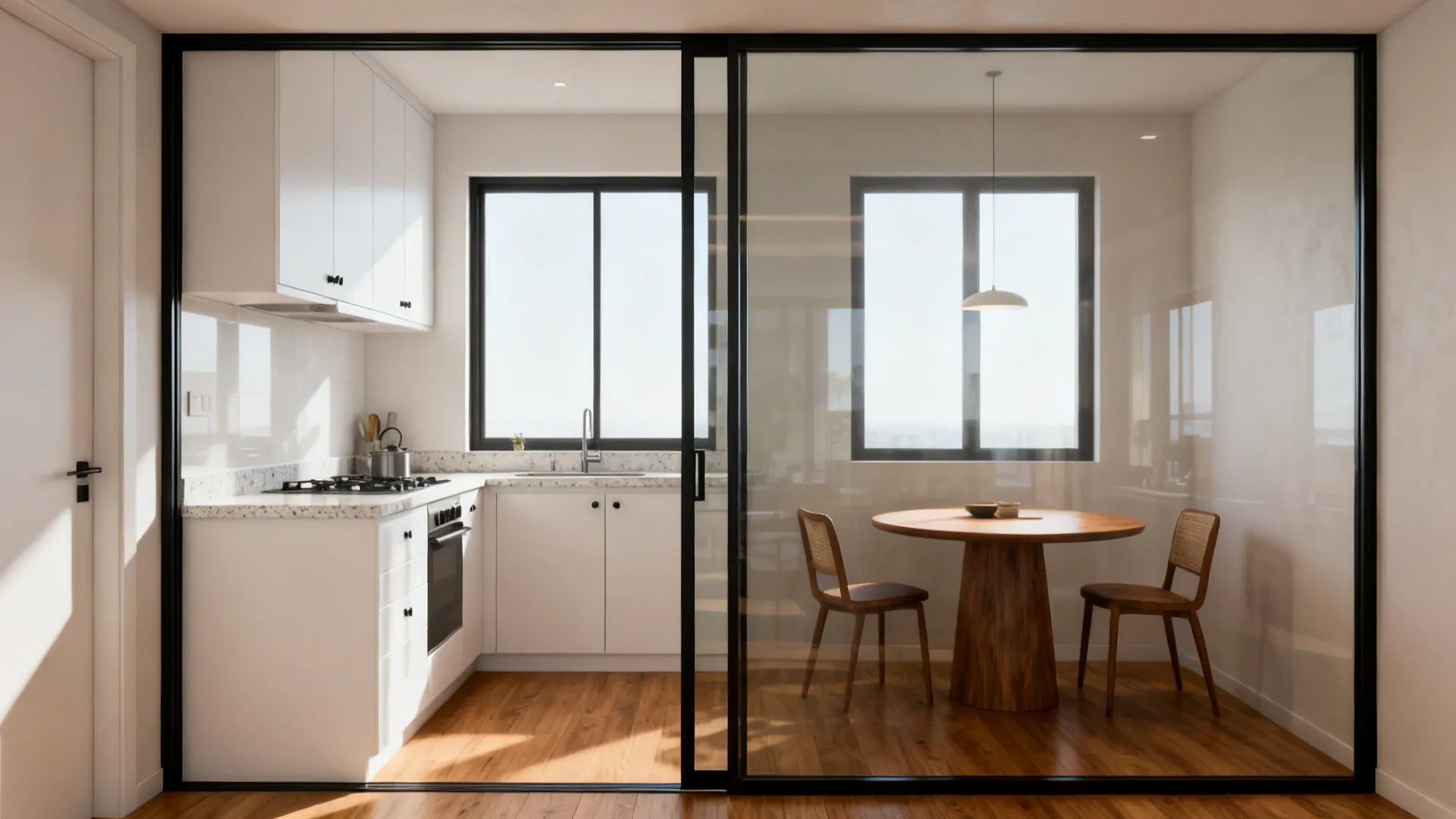 Slim black-framed glass partition gently separates a bright kitchen from a light-filled dining nook.
