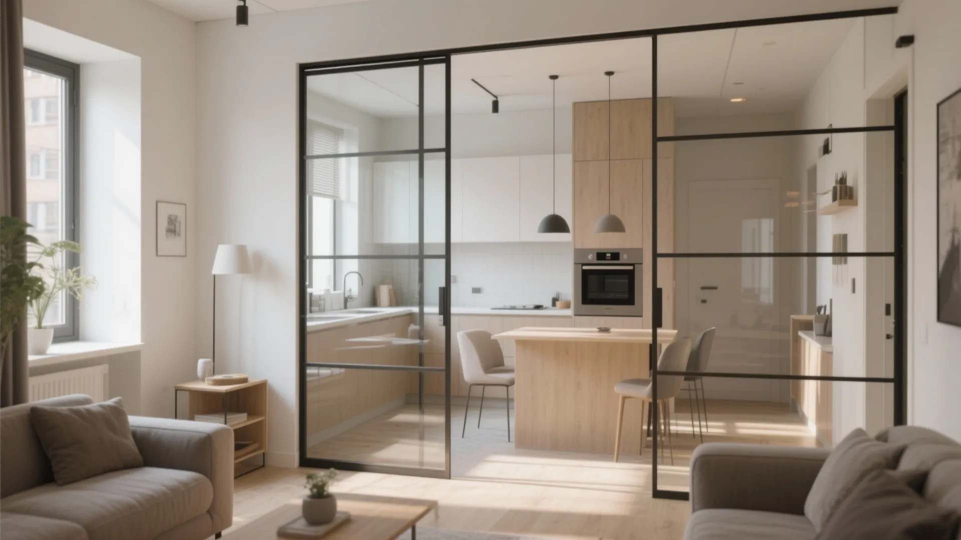Glass partition with sliding door dividing kitchen and living room