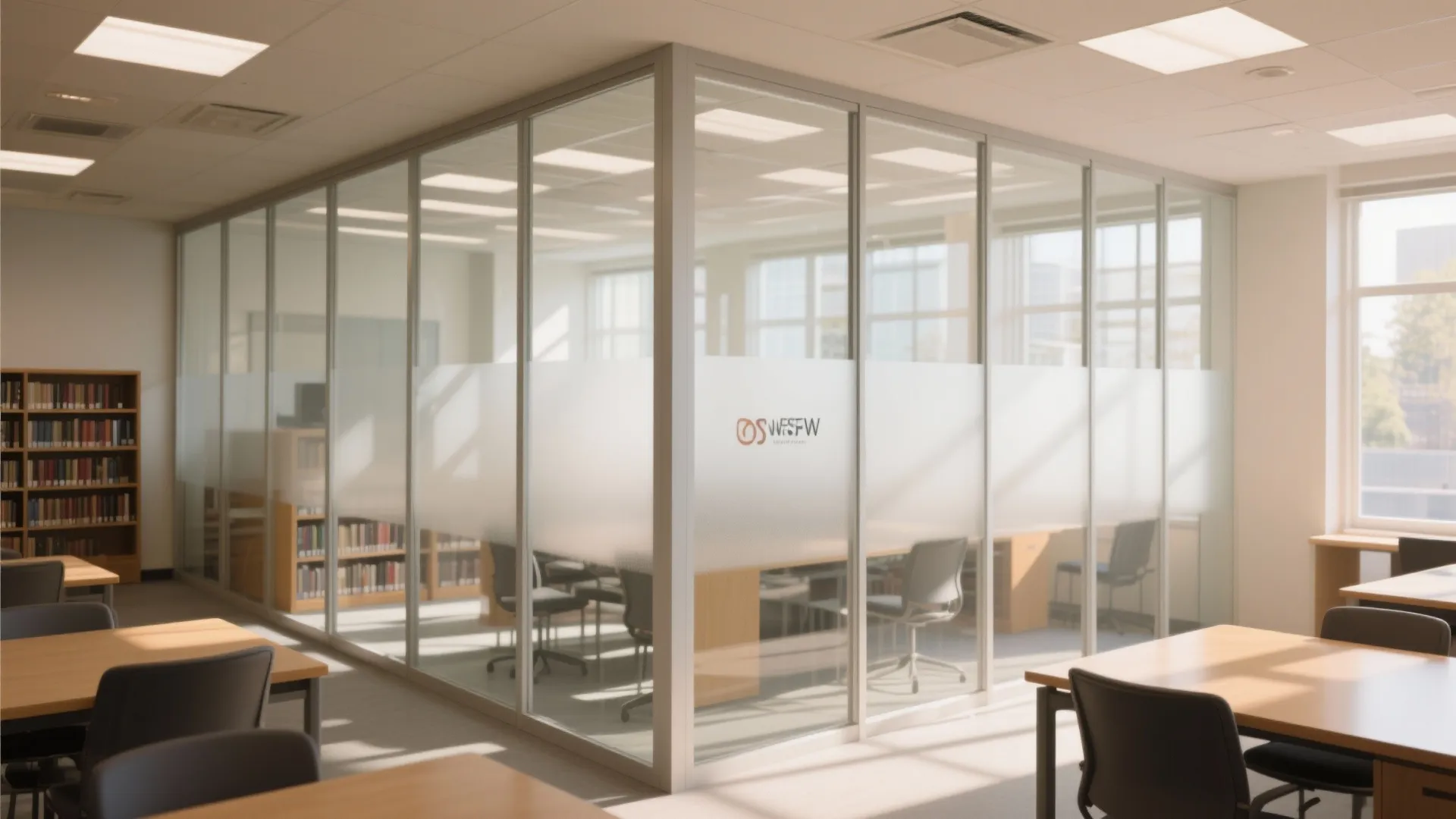 Bright library room featuring frosted glass wall partitions wooden desks grey chairs and large open windows