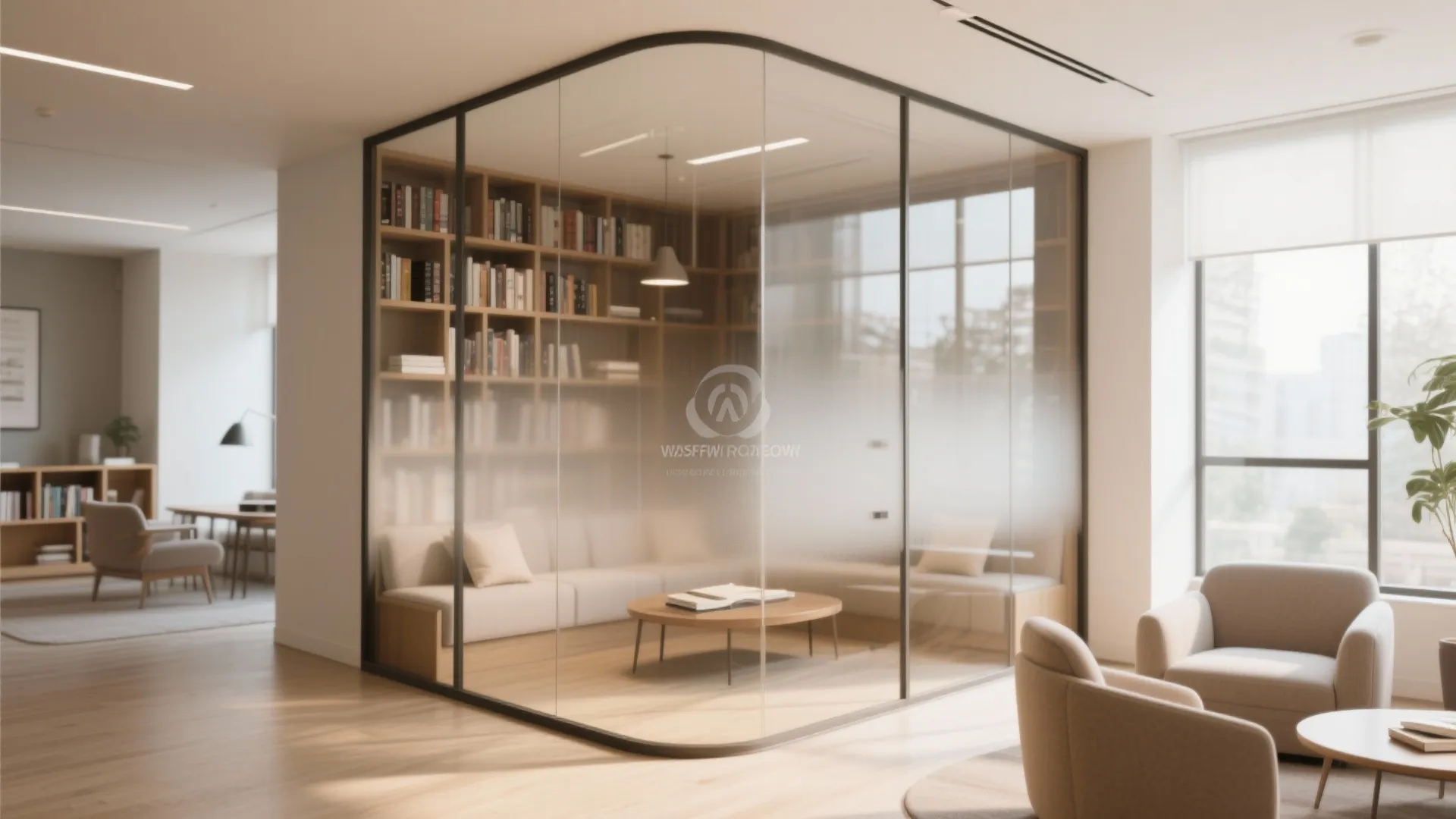 Modern office interior with frosted glass partition wall wooden bookshelf sofa and light colored lounge chairs