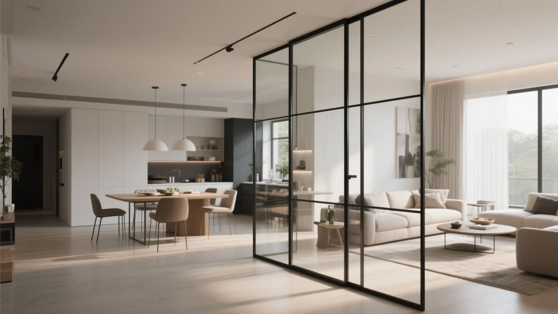 Bright interior design with black glass room divider separating a living area and dining space