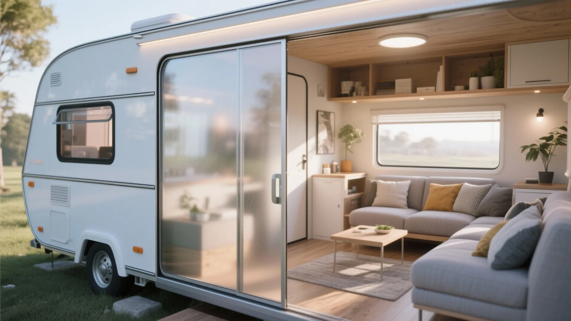 Modern trailer interior viewed through sliding glass door featuring grey sofa wood ceiling and rug