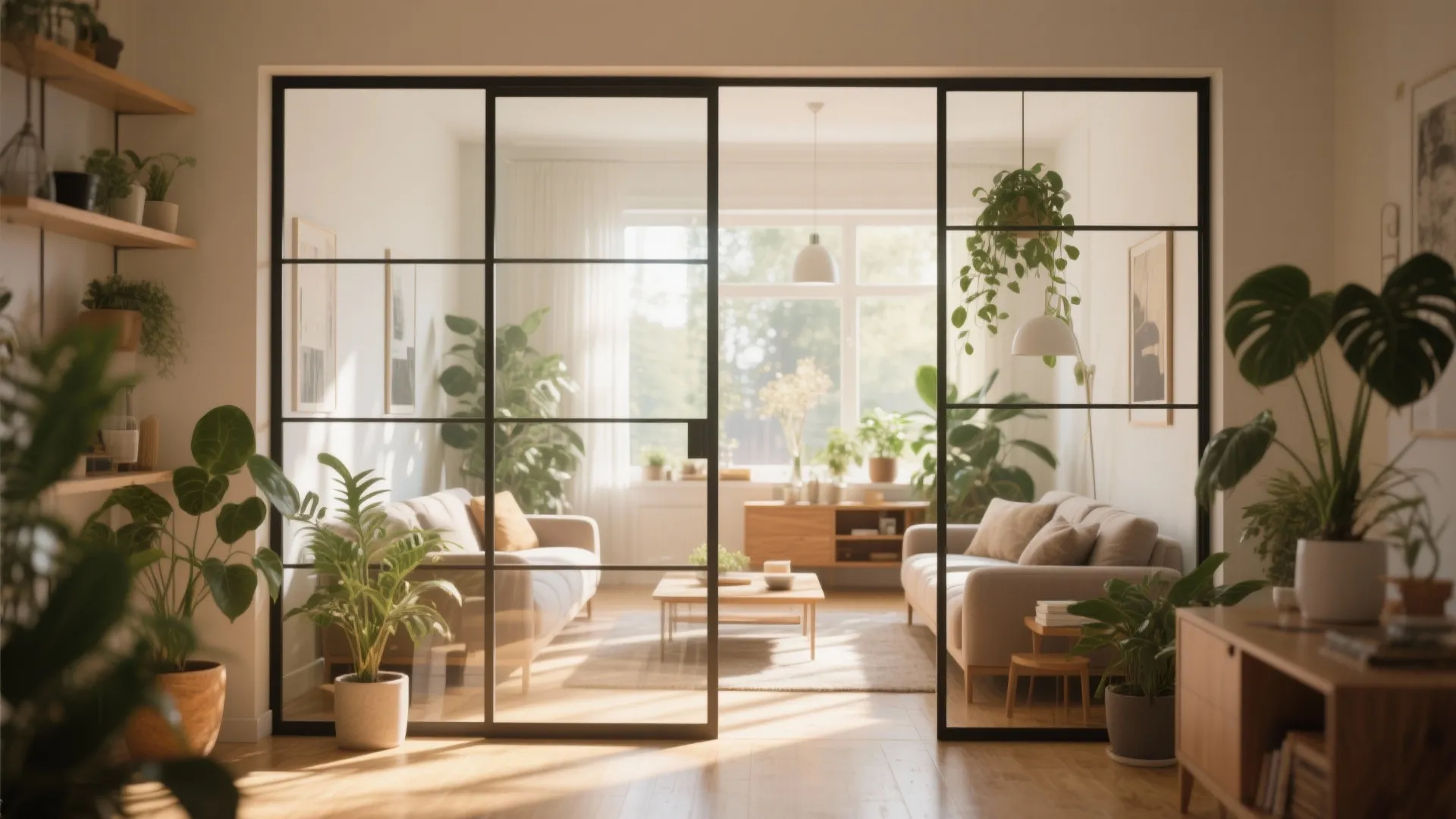 Modern living room view through black metal frame glass partition with sofas and green plants