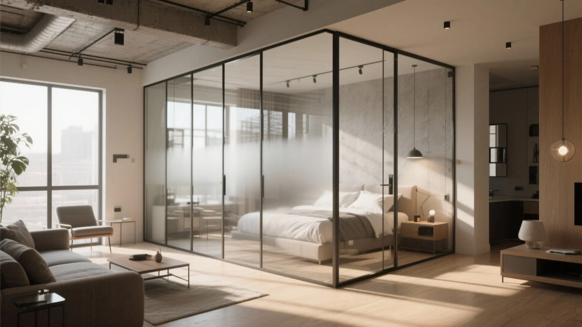 Modern living room and bedroom separated by glass wall with black frames and wooden floor