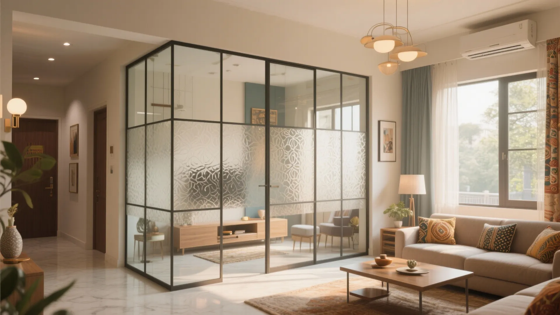 Living room featuring black frame glass partition wall with frosted patterns sofa and wooden coffee table