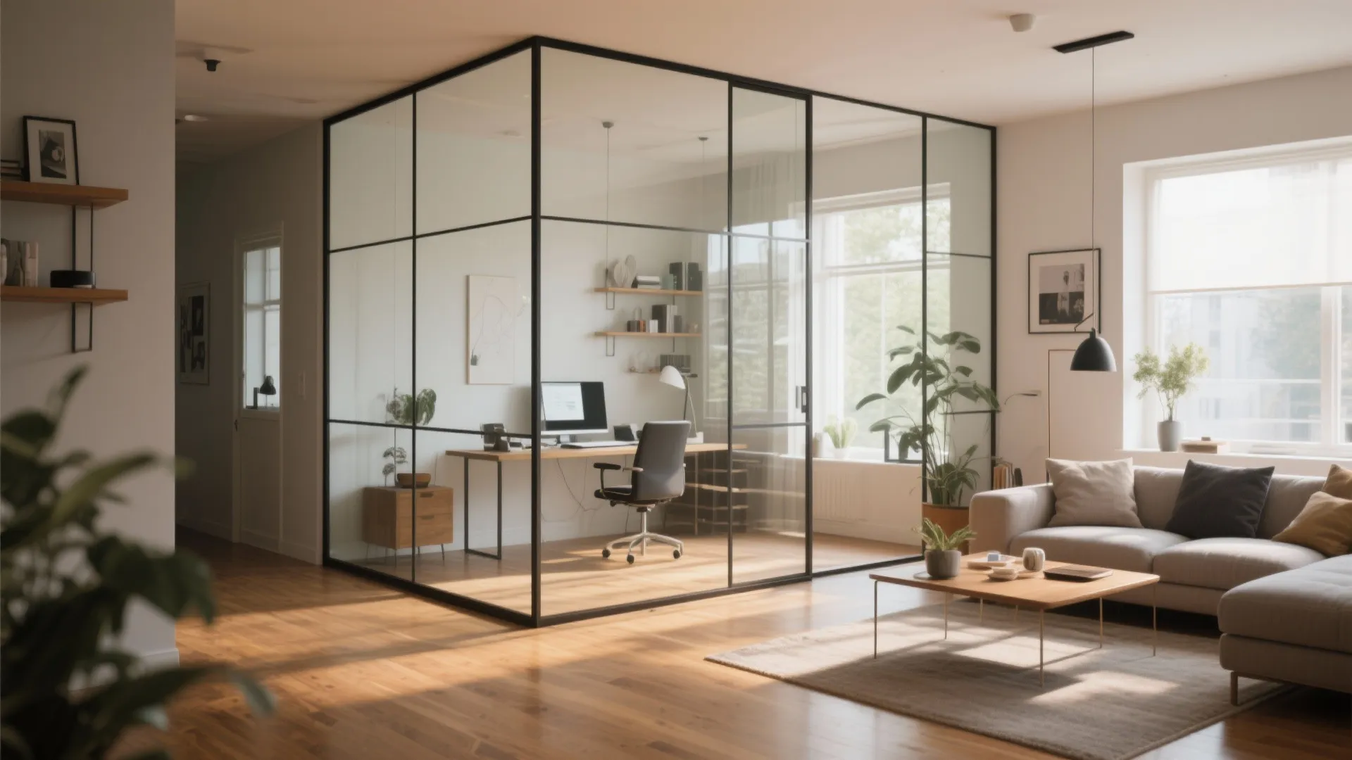 Modern home office with glass wall partition wooden desk black chair and living room sofa set