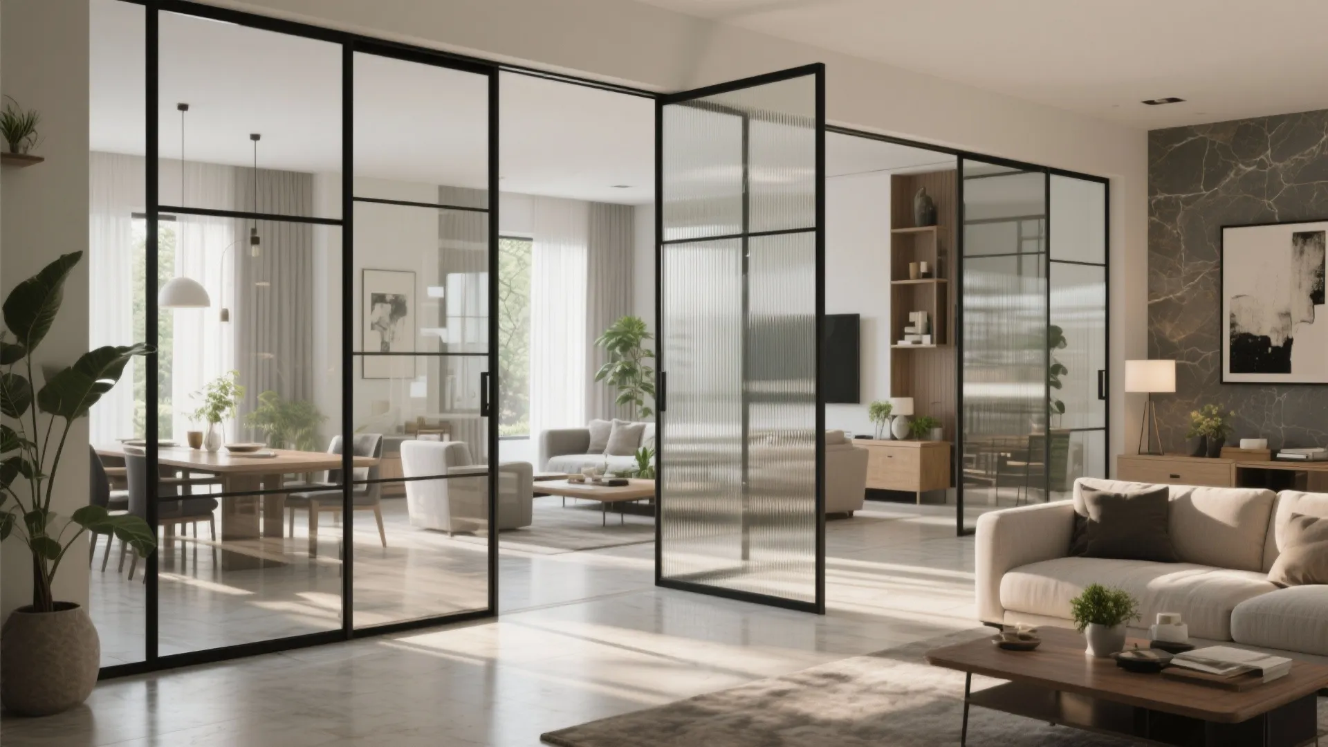 Glass partitions for airy living-dining without losing privacy