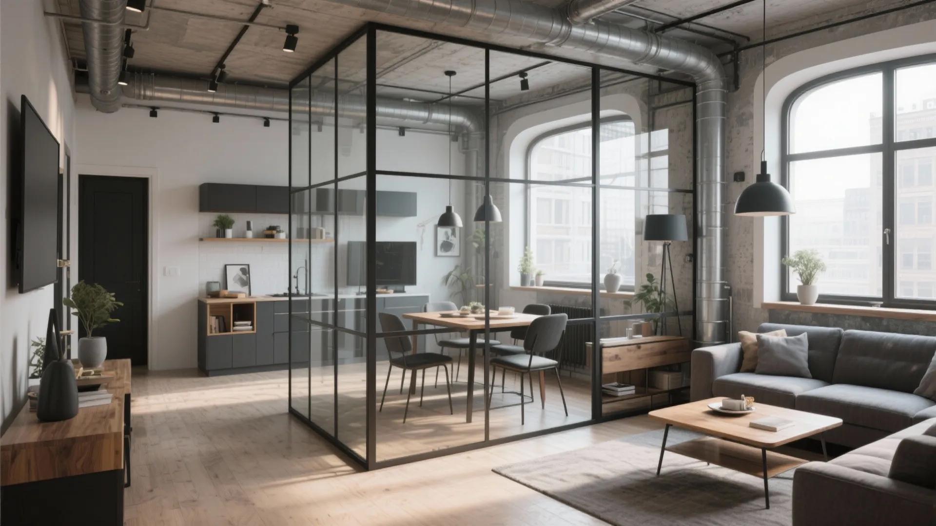 Small apartment living dining combo with glass partition