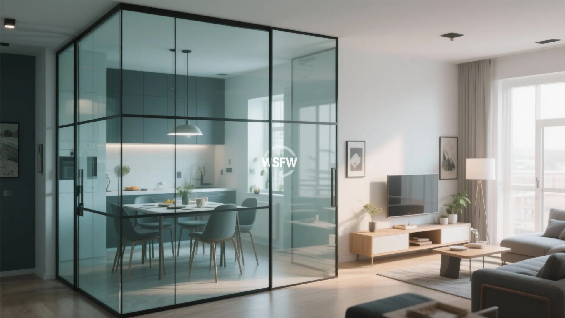 Modern living room with glass wall partition separating the kitchen and dining area with chairs