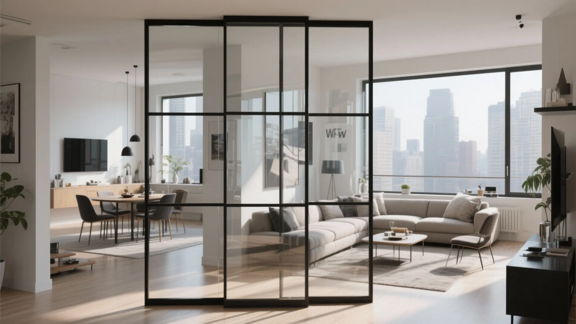 Modern apartment with black frame glass partition wall between living room and dining area space layout
