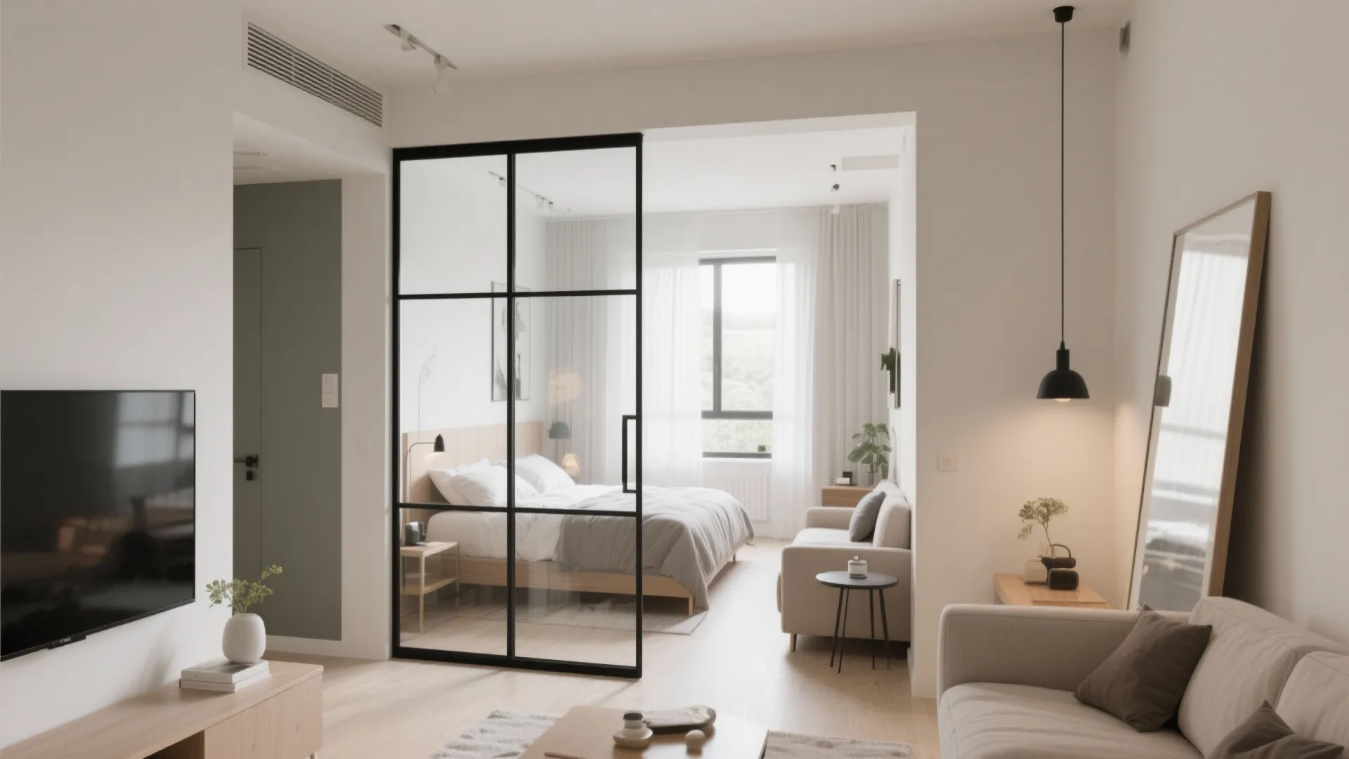 Small living room with black-framed glass partition for light flow