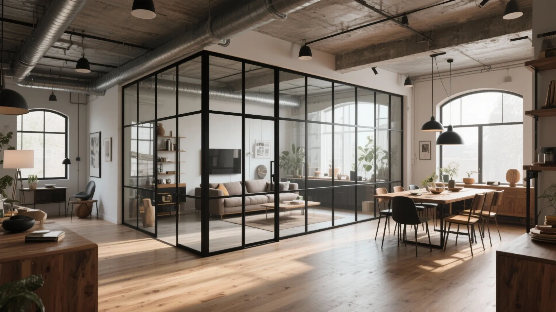 Industrial style interior design drawing with black glass wall dining table and wood floor layout