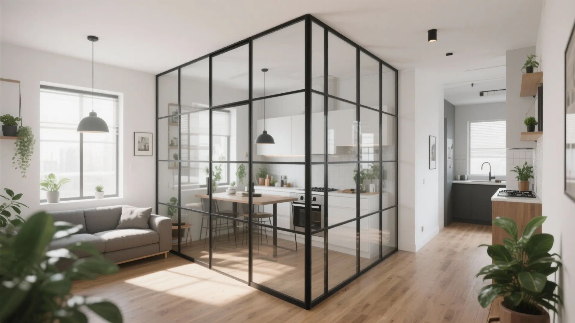 Small living area with slim black steel frame glass partition