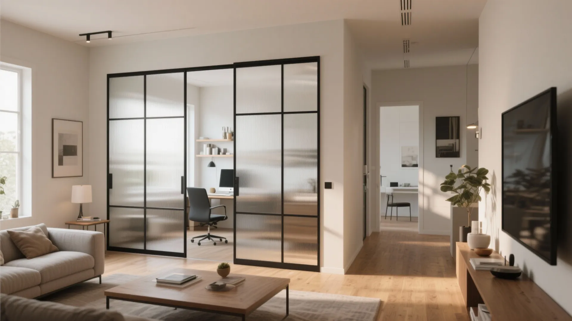 Modern living room with black glass partition doors leading to a home office and desk