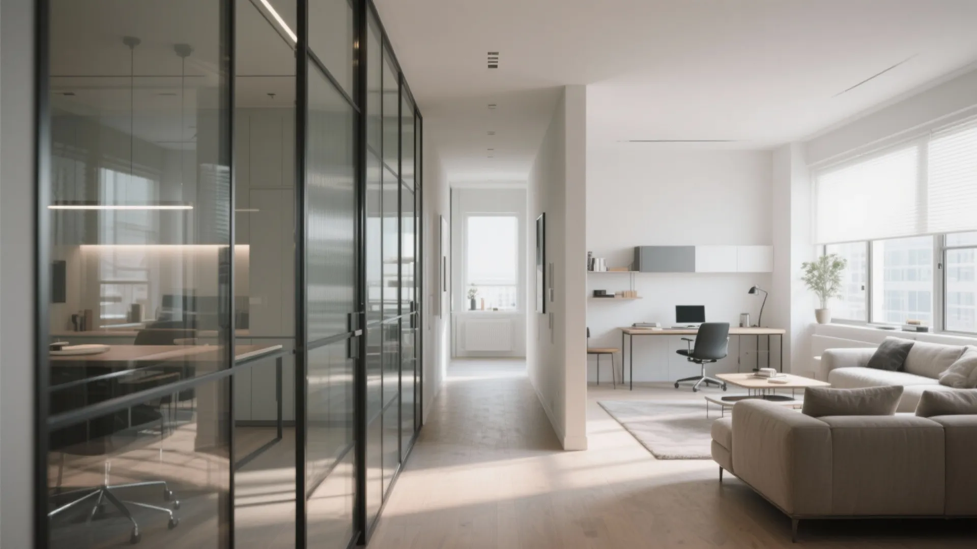 Modern bright living room and workspace with glass wall panels wooden floor and white walls