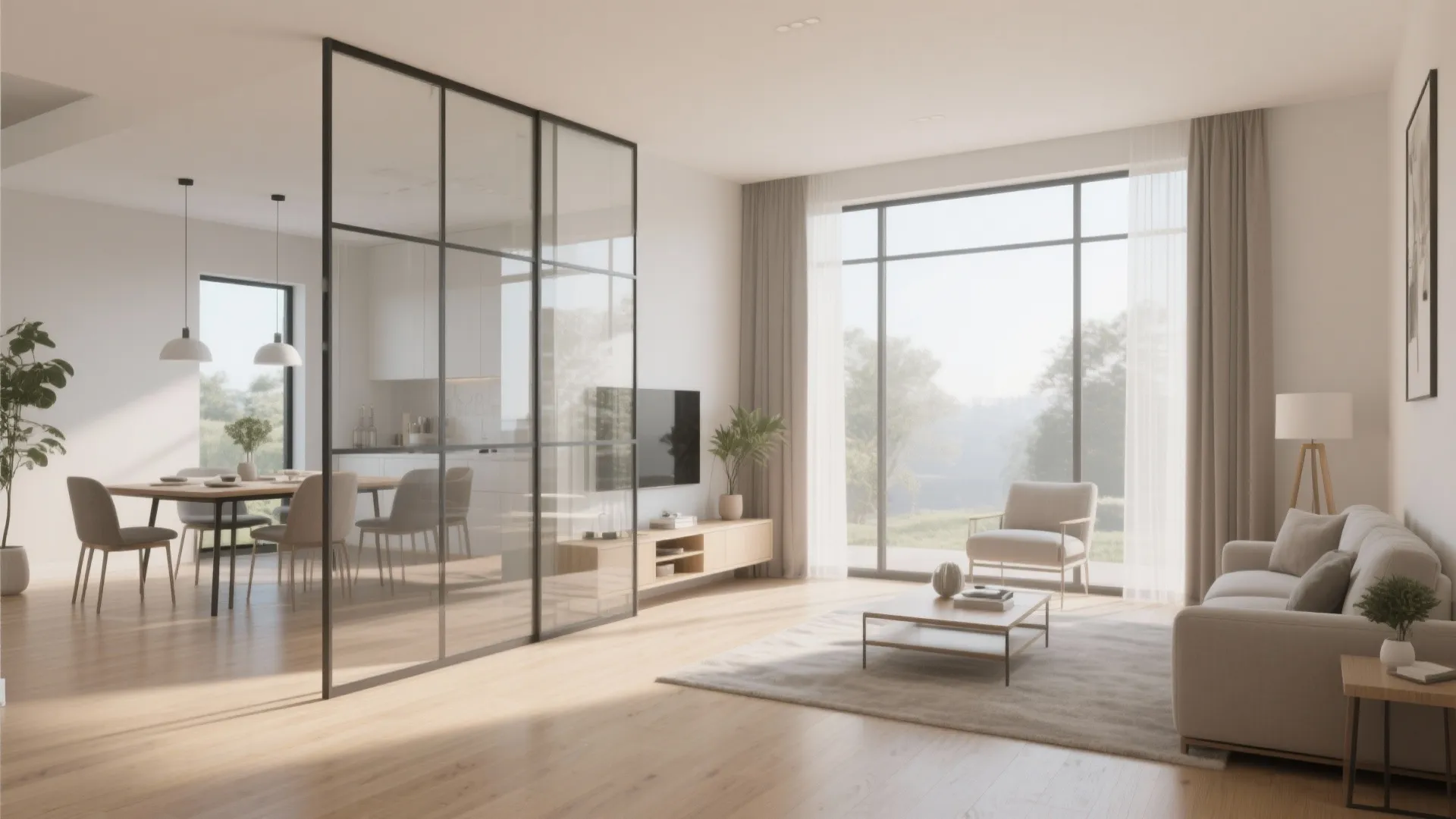 Modern open living room with glass wall divider between dining area and beige sofa seating