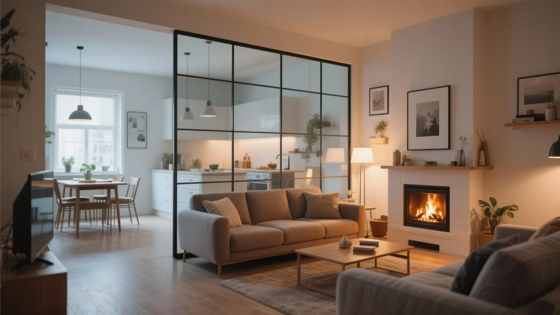 Open plan living area with glass wall divider fireplace sofa coffee table and kitchen view