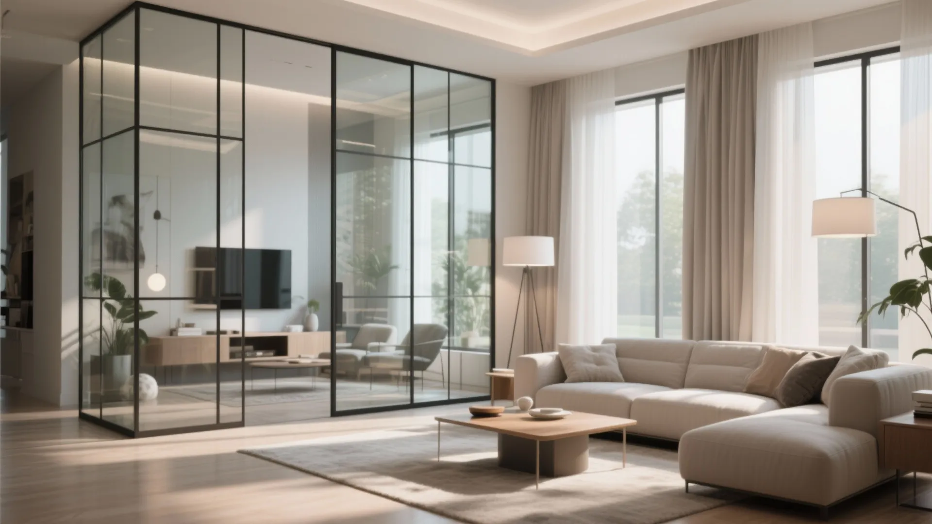 Bright living room with glass wall divider beige sofa wooden coffee table and large floor lamp