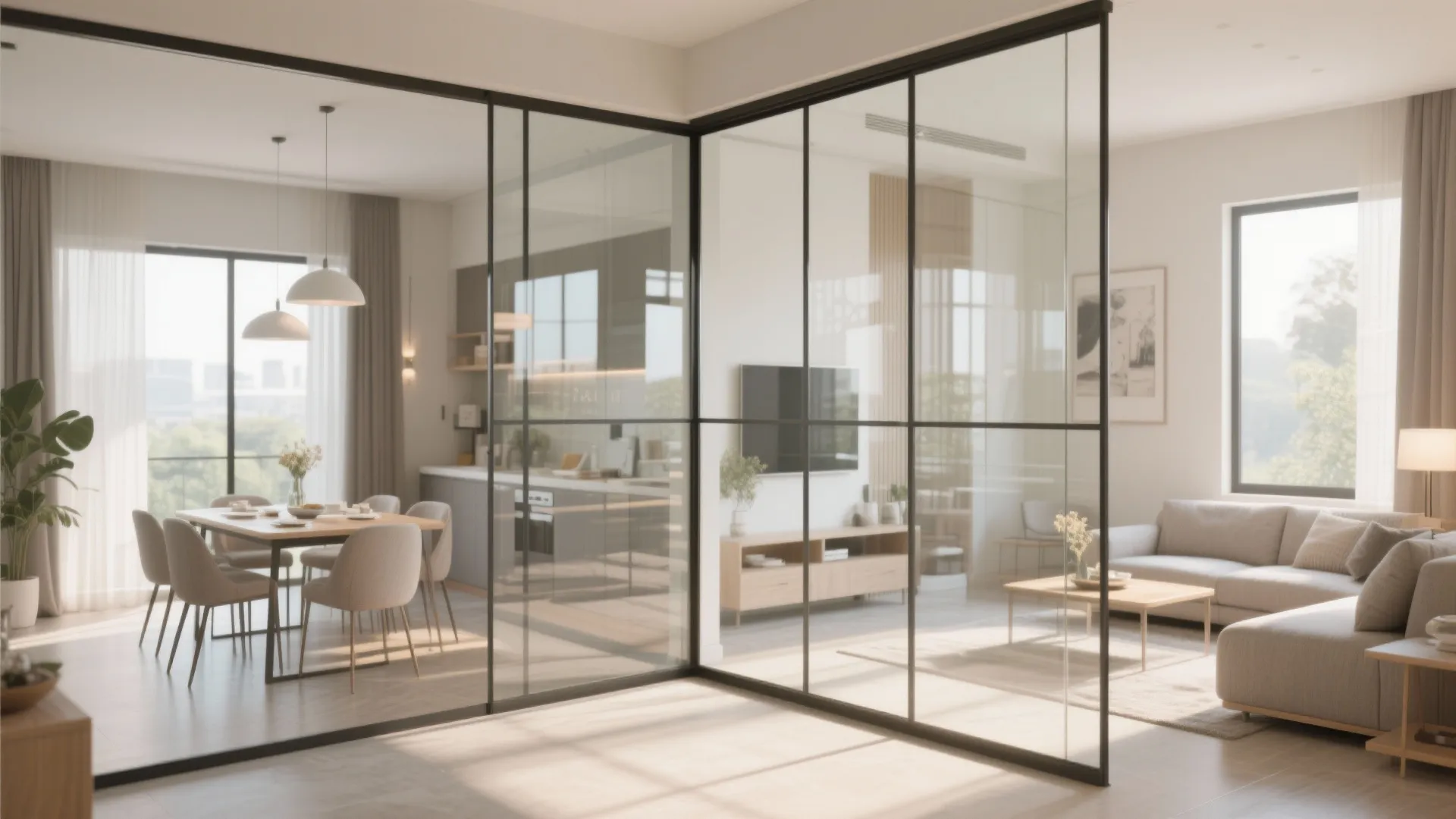Open plan living room and dining area separated by a black frame glass wall room divider