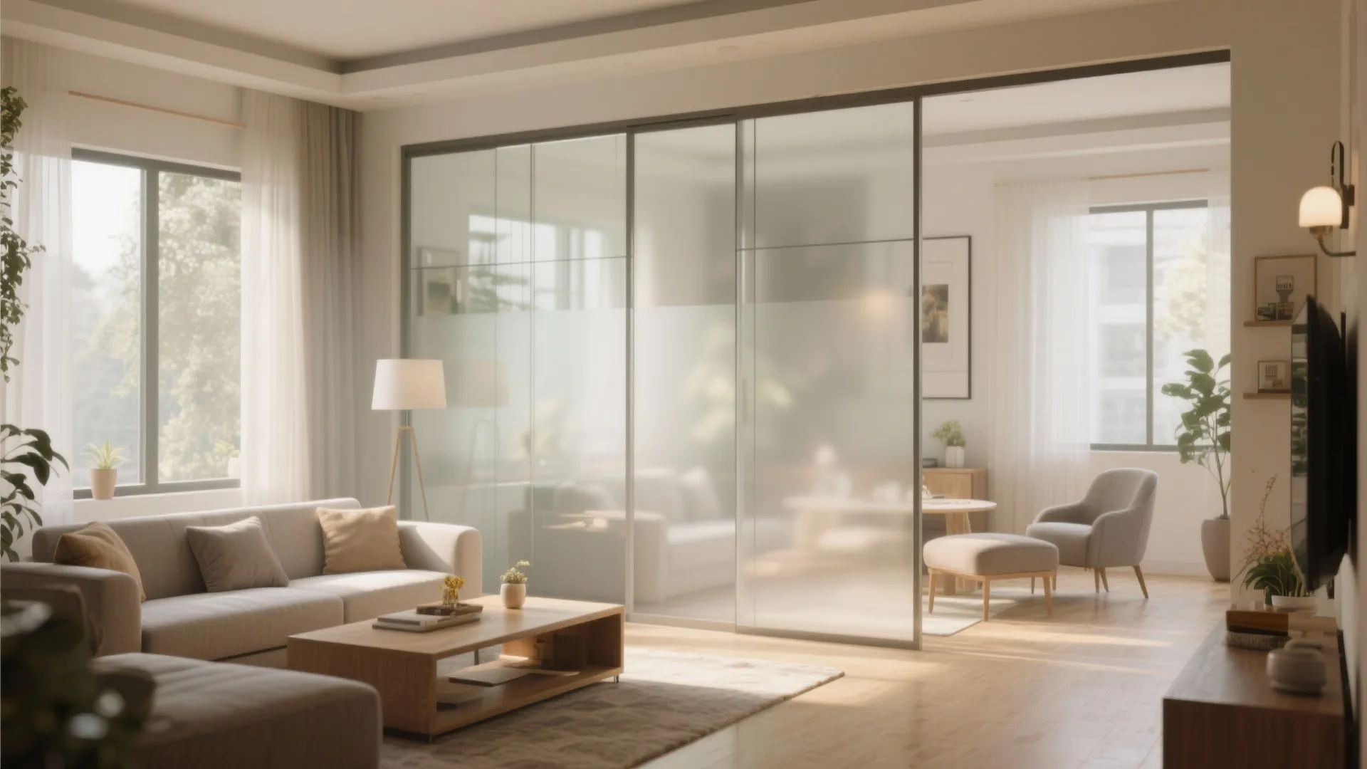 Living room interior design featuring a frosted glass sliding door partition sofa and wooden coffee table