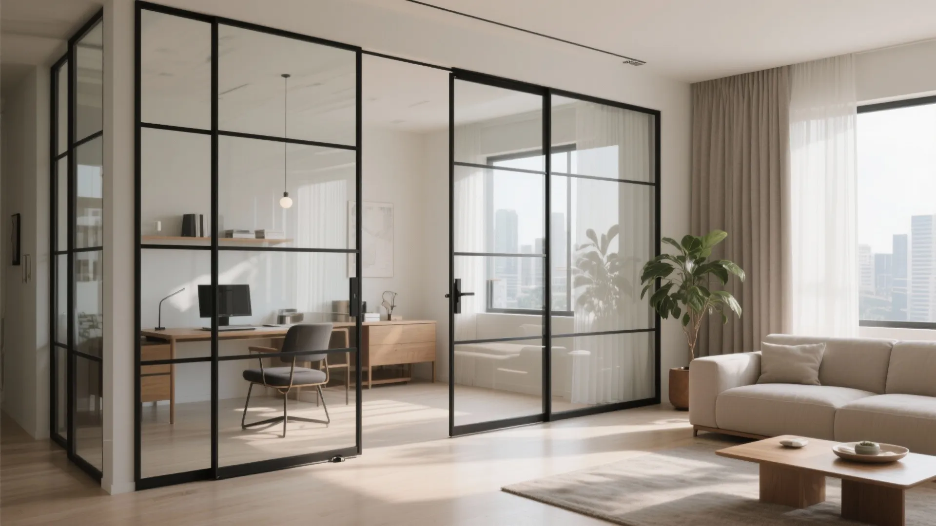 Black framed glass partition separates a home office desk from a bright sunny living room