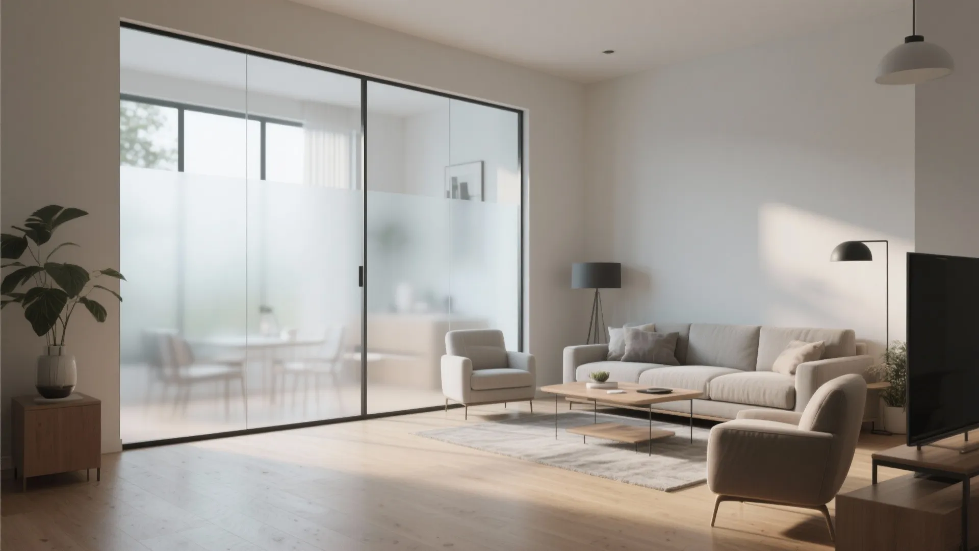 Bright living room with glass sliding door partition wooden floor grey sofa and floor lamp