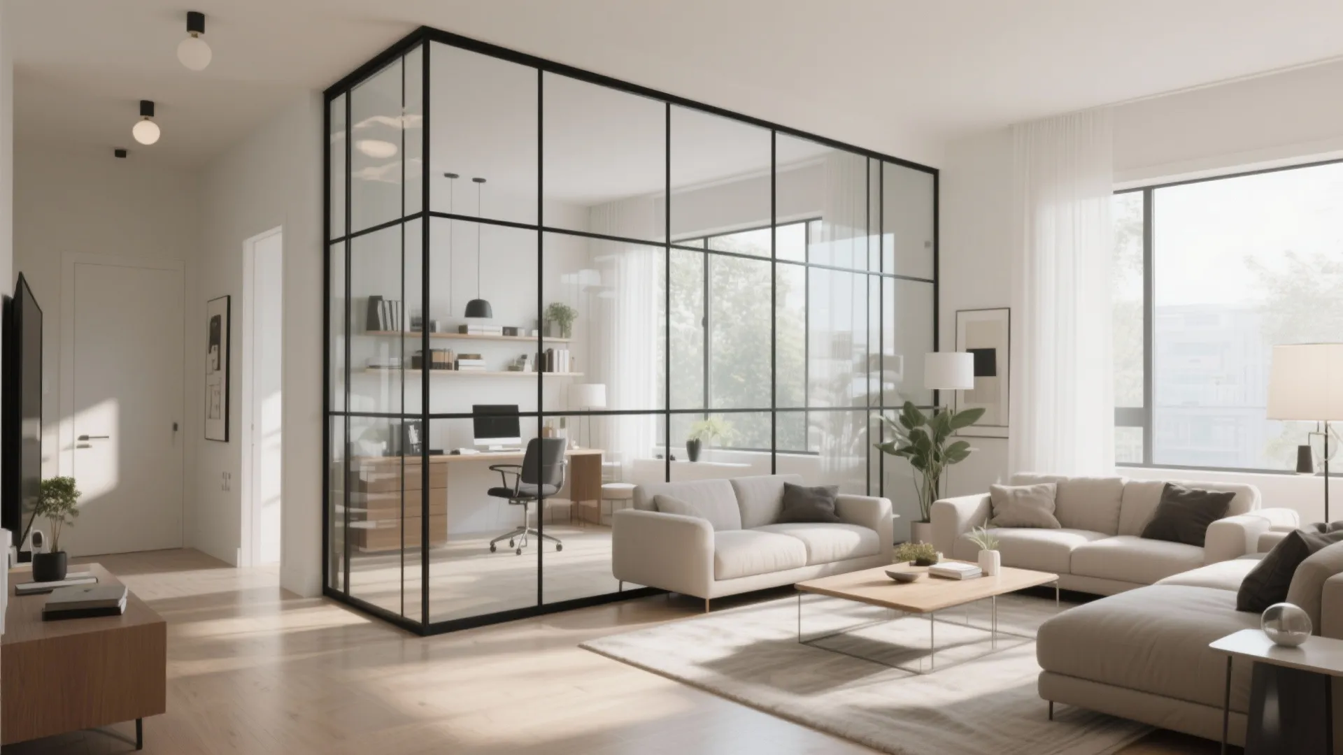 Modern living room with glass wall separating a home office white sofa rug and desk