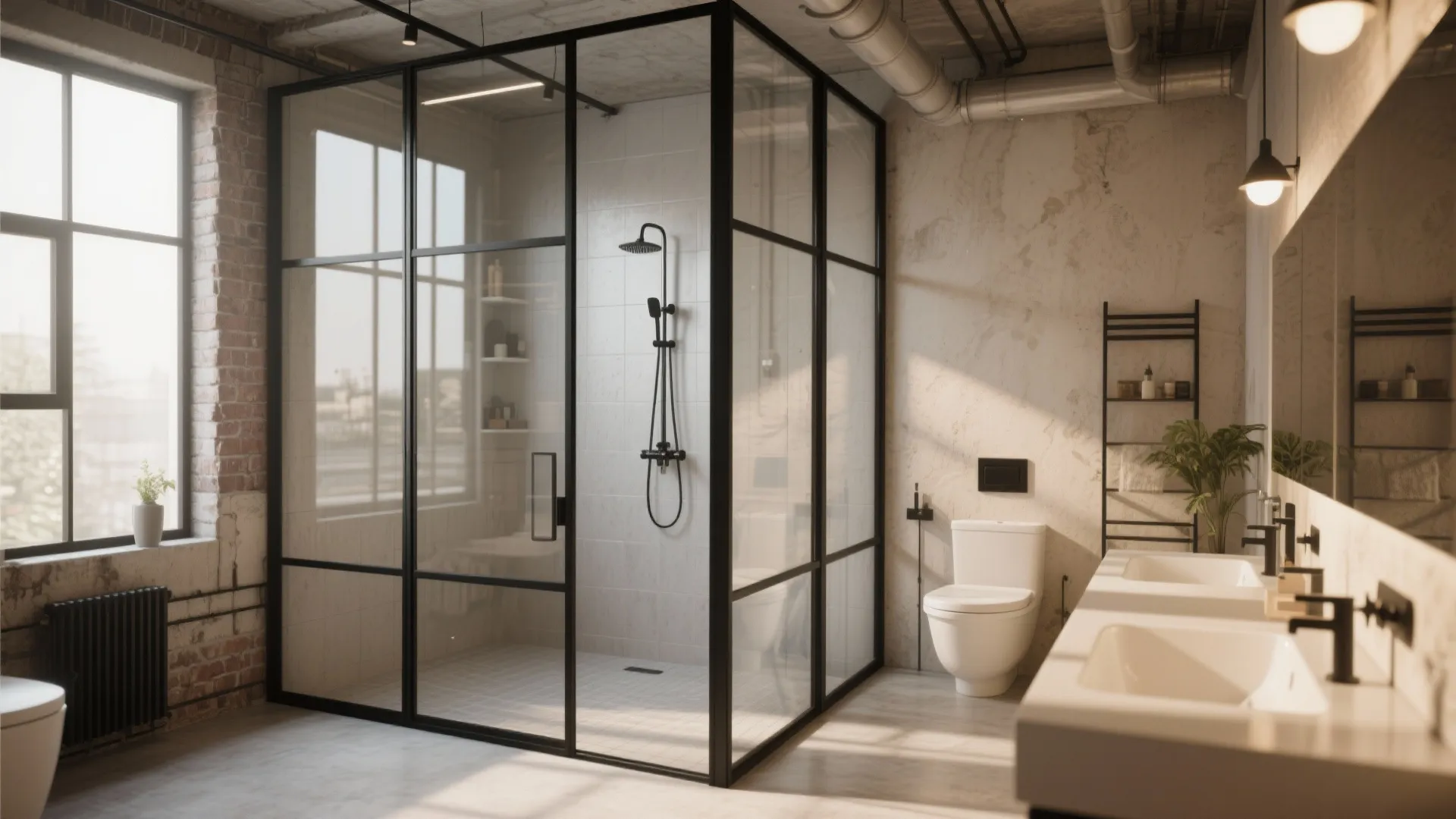 Industrial style bathroom with black glass shower frame white toilet and double sink vanity design