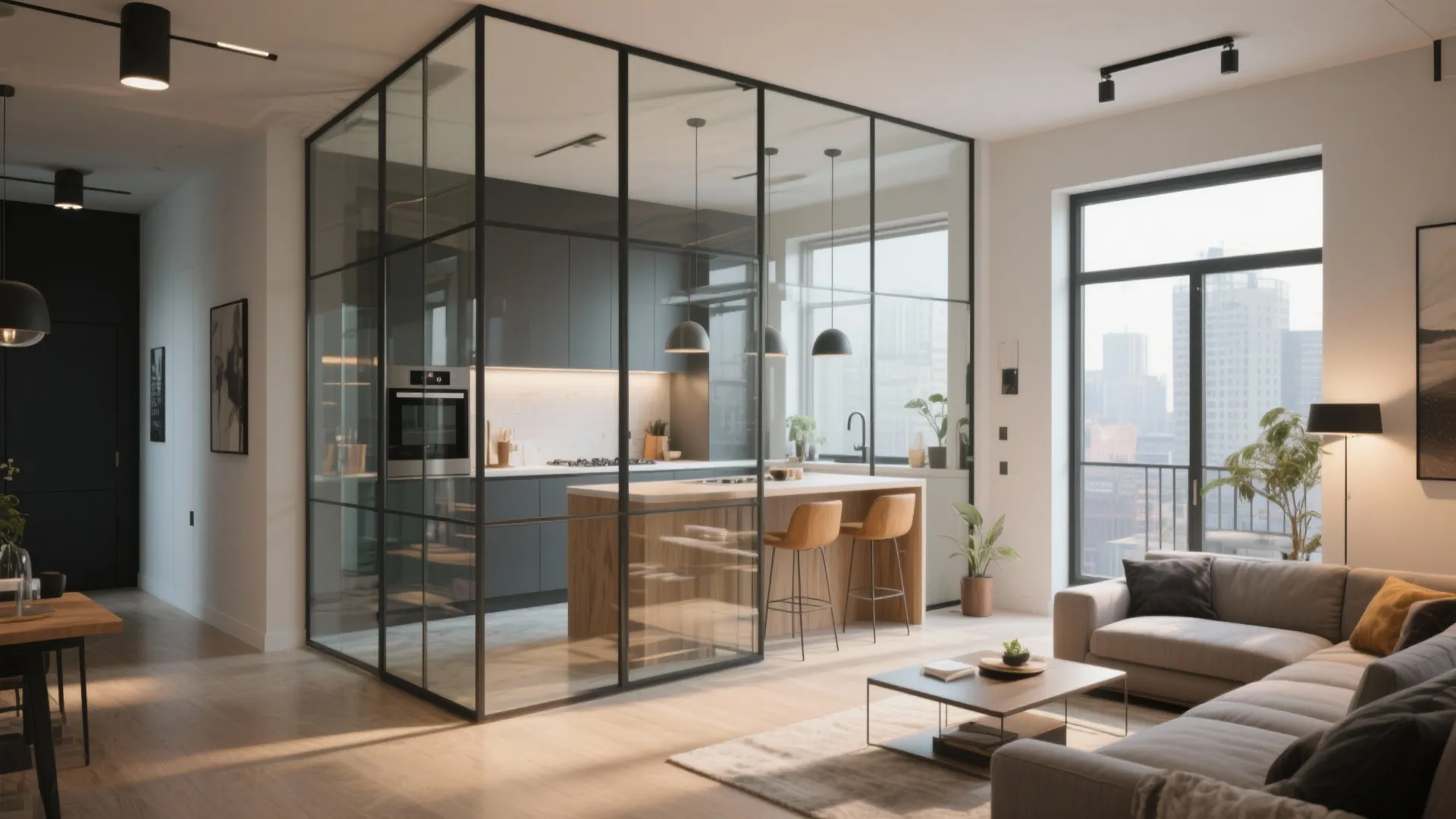 Modern open plan living room with a glass wall kitchen island and grey sofa design