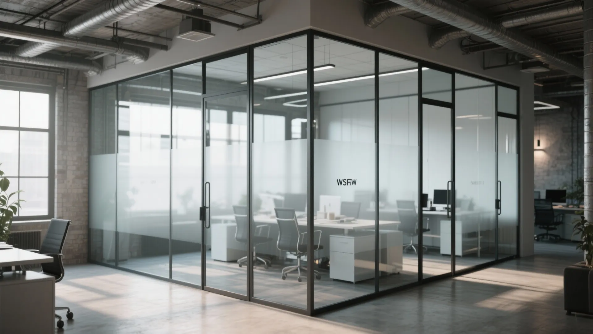 Modern office interior with glass walls and black frames showing desks and chairs inside rooms