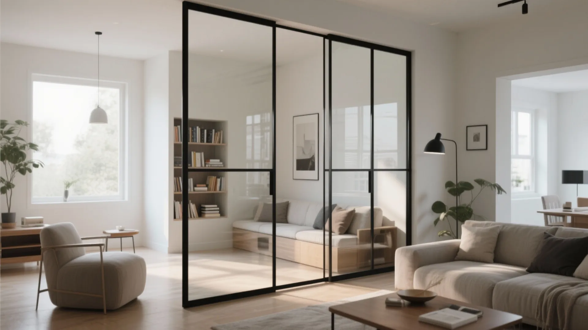 Living room divided by glass partition with black frame bookshelf sofa armchair and natural light