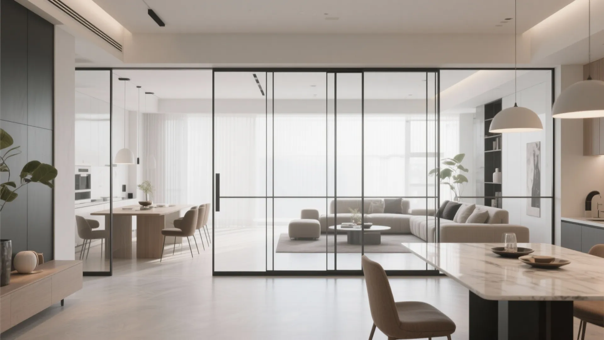 Large glass sliding doors separating a modern kitchen dining area from a bright living room