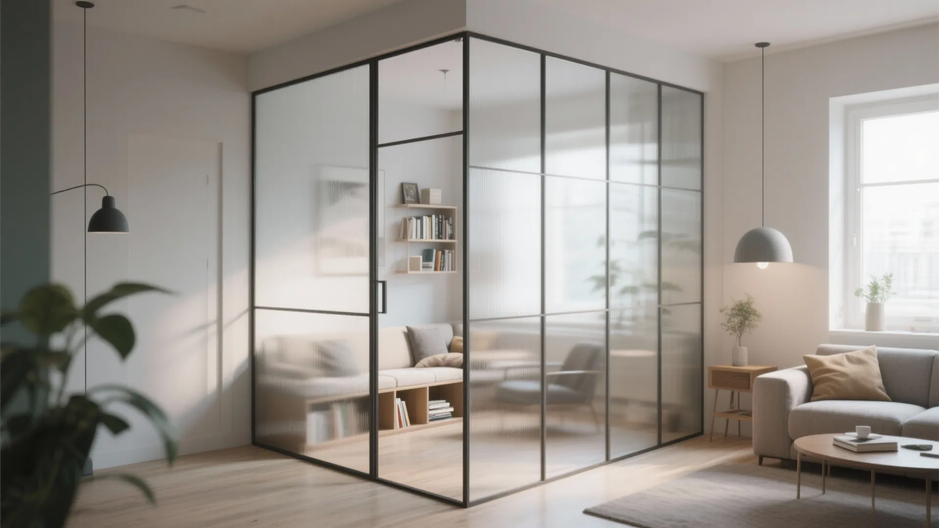 Modern living room featuring glass wall partition with black frame creating a small separate area