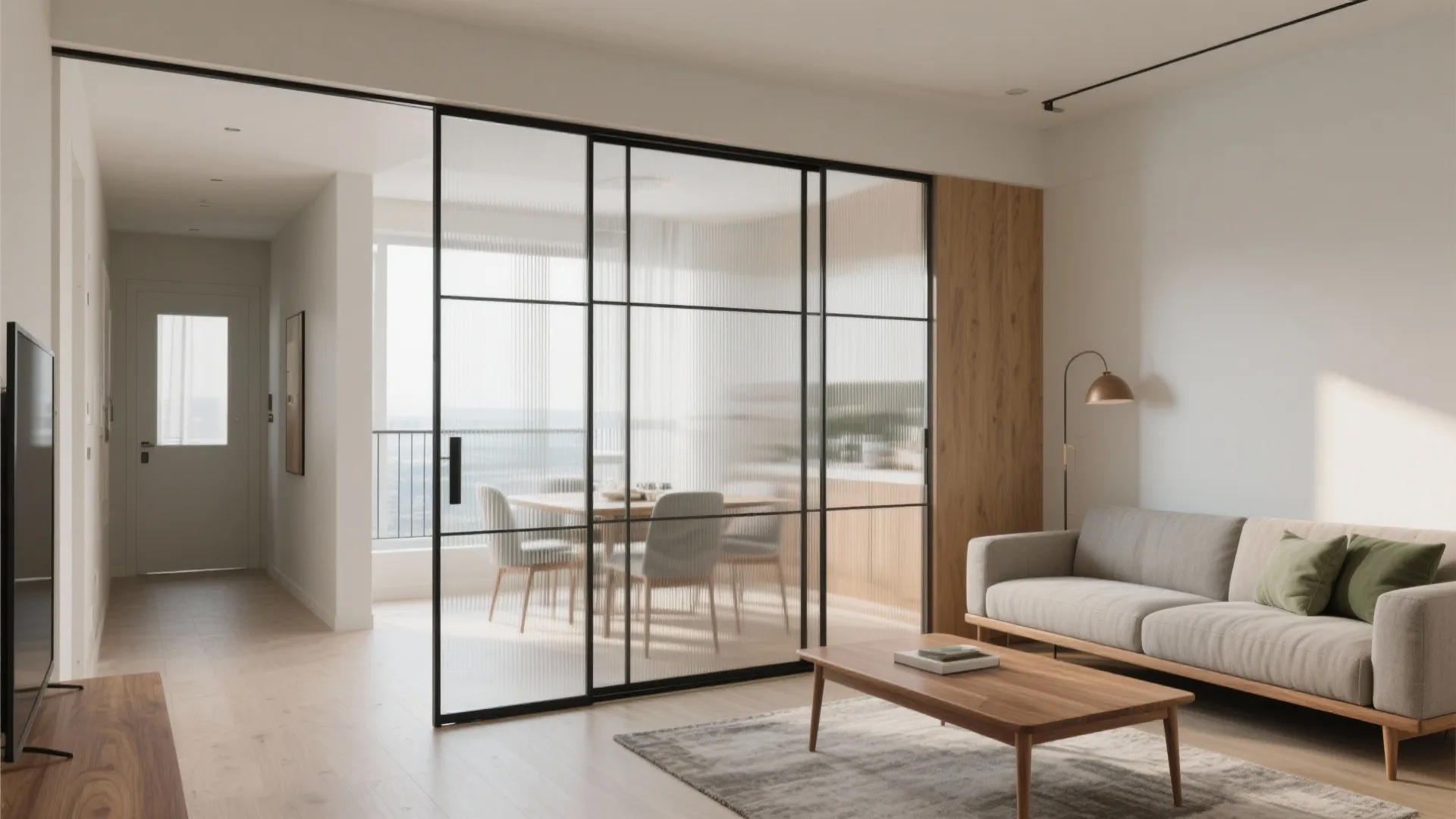 Glass Partitioned Living-Dining to Borrow Light