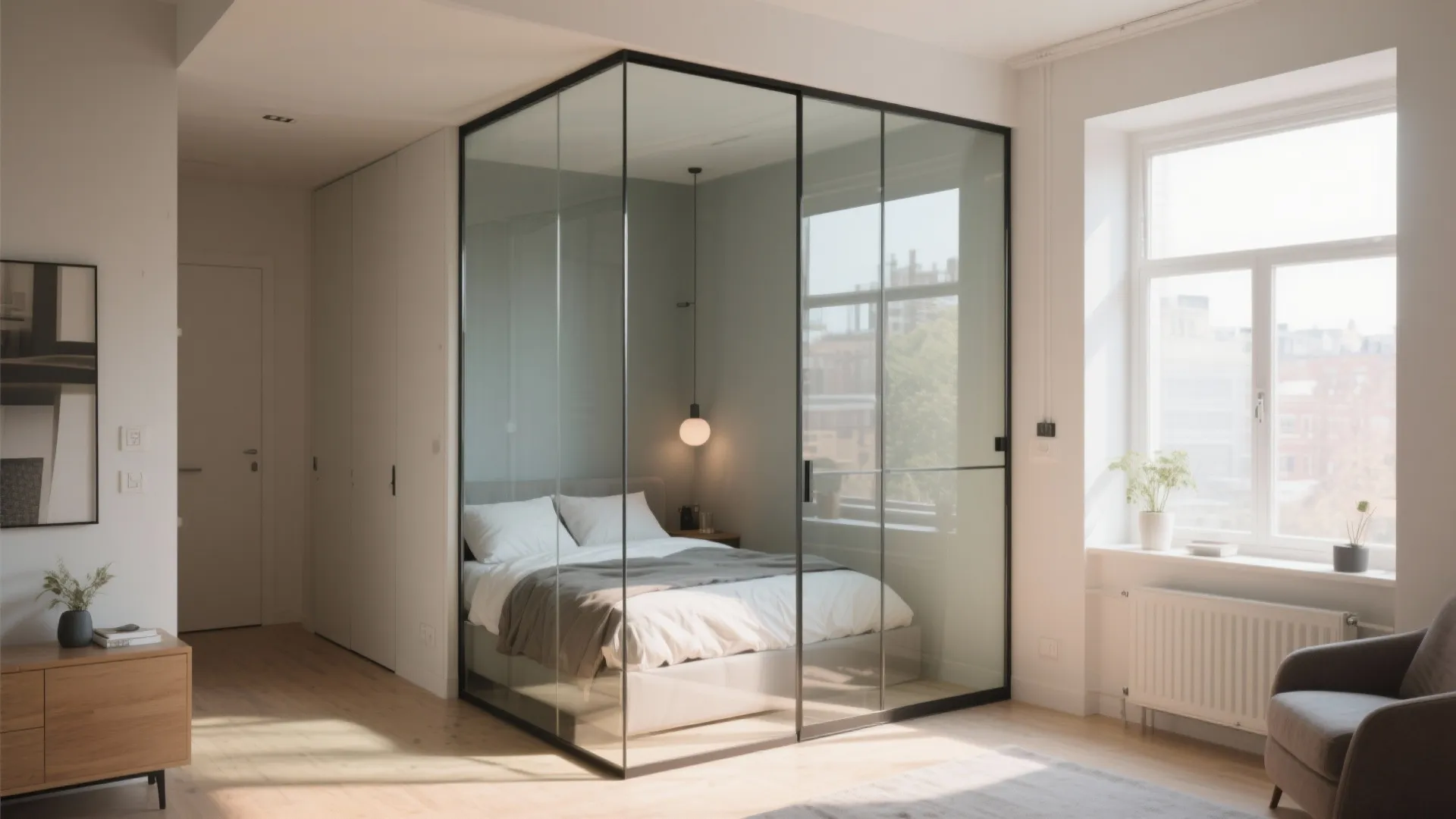 Slim glass partition creating a bedroom nook