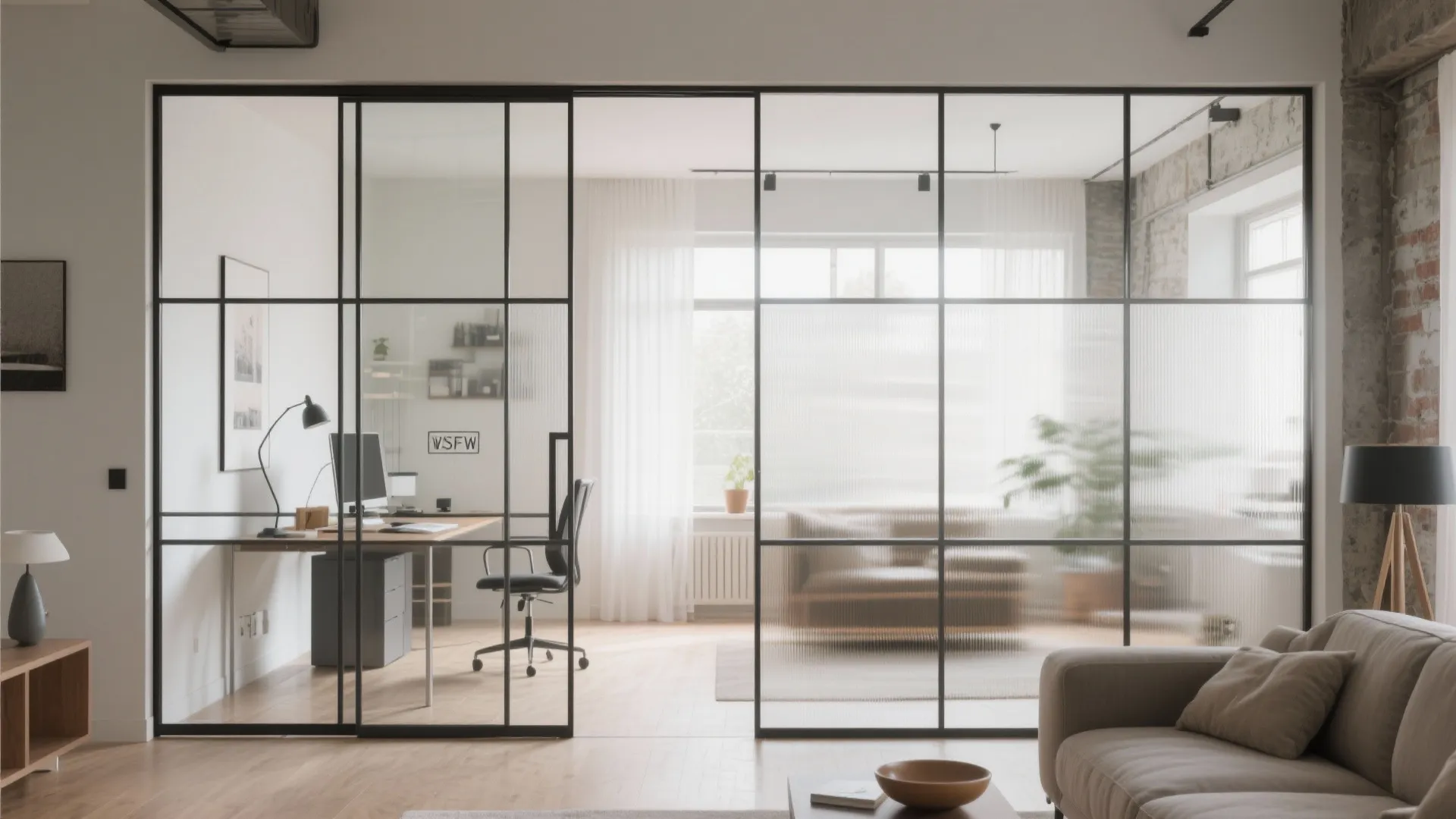 Modern home office separated from living room by black metal glass windows and sliding glass door